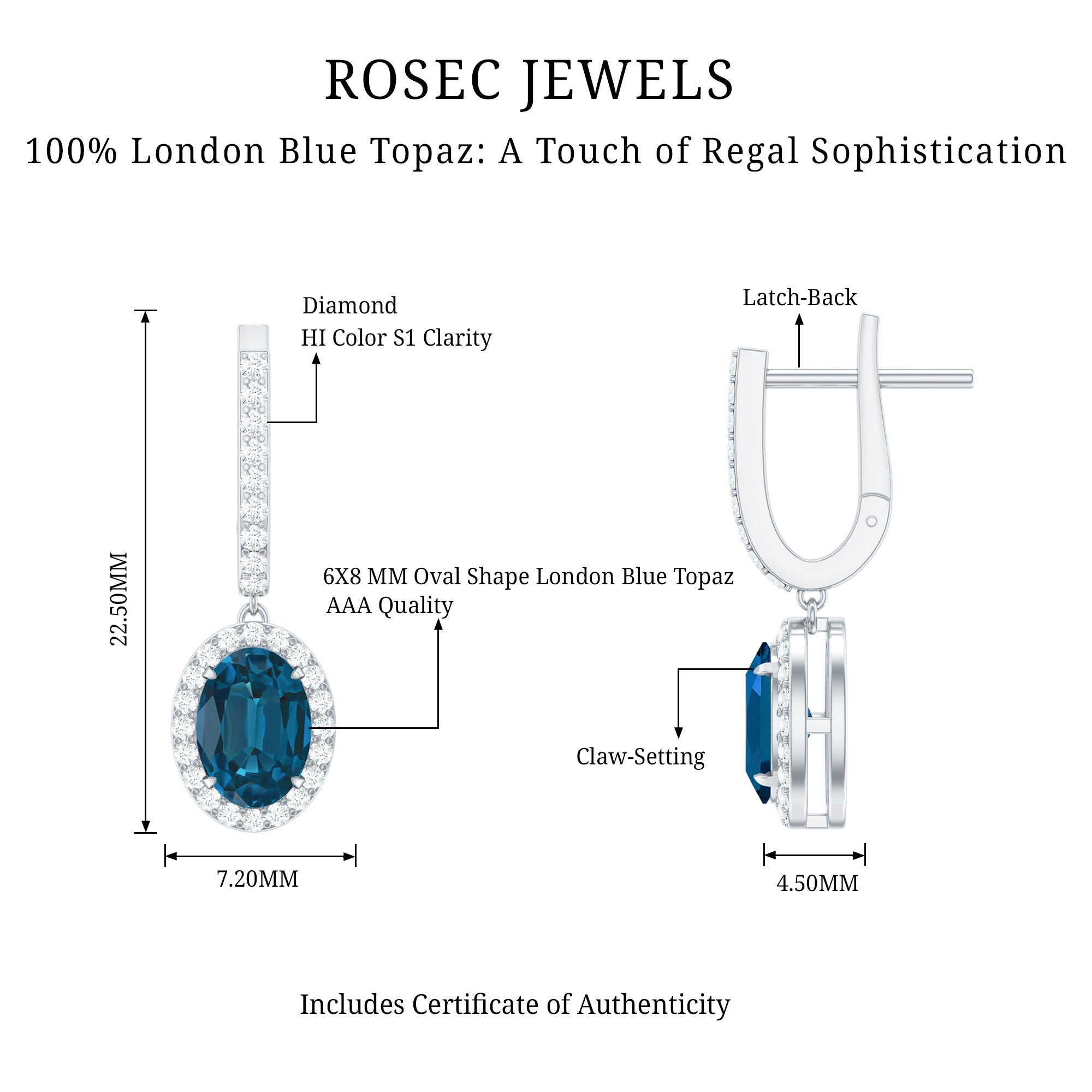 2.2 Carat Oval London Blue Topaz and Diamond Hoop Drop Earrings AAA - Rosec Jewels