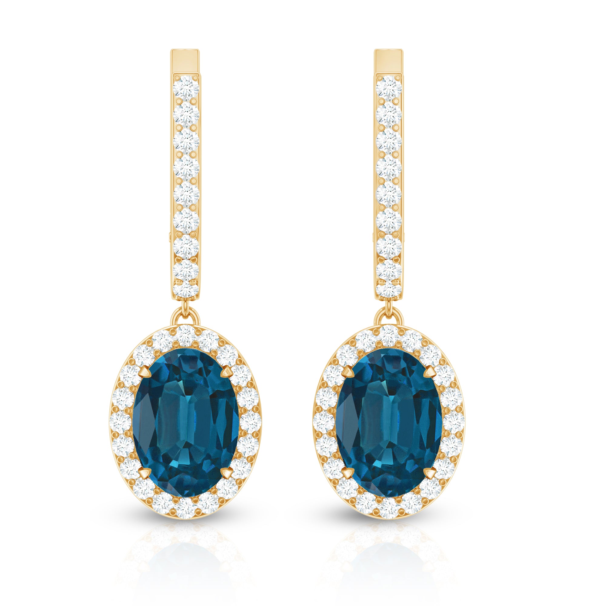 2.2 Carat Oval London Blue Topaz and Diamond Hoop Drop Earrings AAA - Rosec Jewels