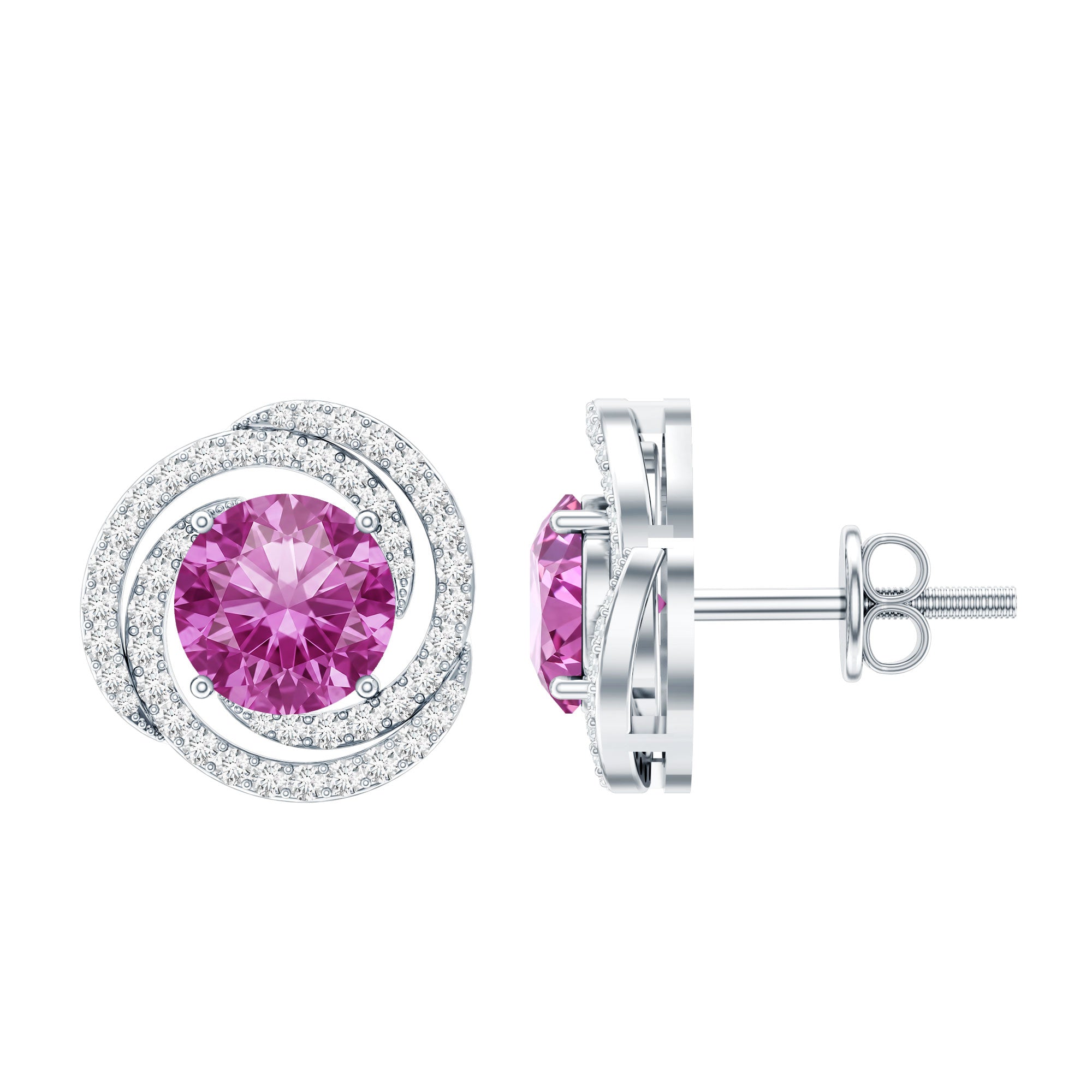 2 Carat Lab Created Pink Sapphire and Diamond Swirl Stud Earrings AAAA - Rosec Jewels