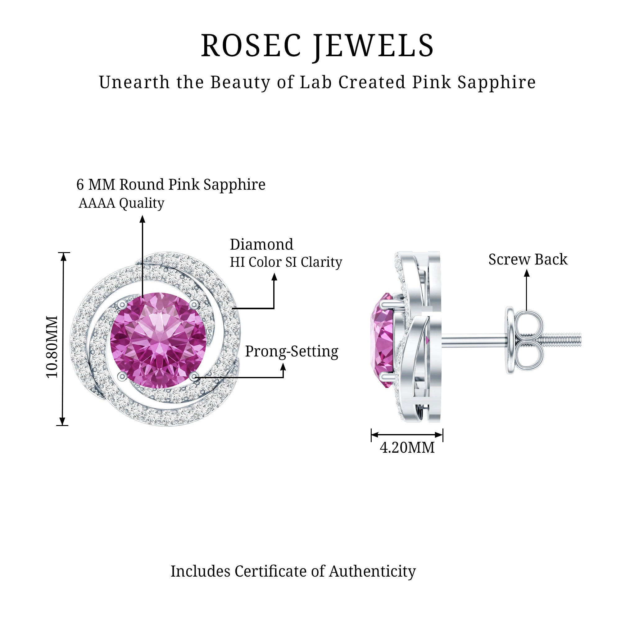 2 Carat Lab Created Pink Sapphire and Diamond Swirl Stud Earrings AAAA - Rosec Jewels