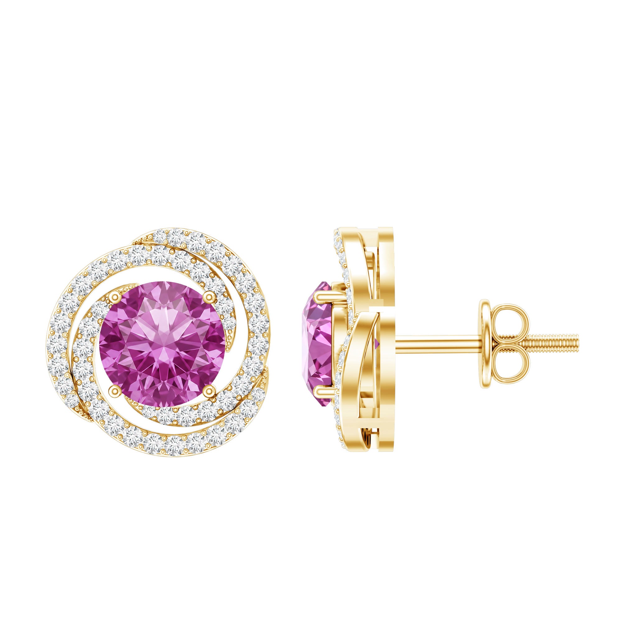 2 Carat Lab Created Pink Sapphire and Diamond Swirl Stud Earrings AAAA - Rosec Jewels