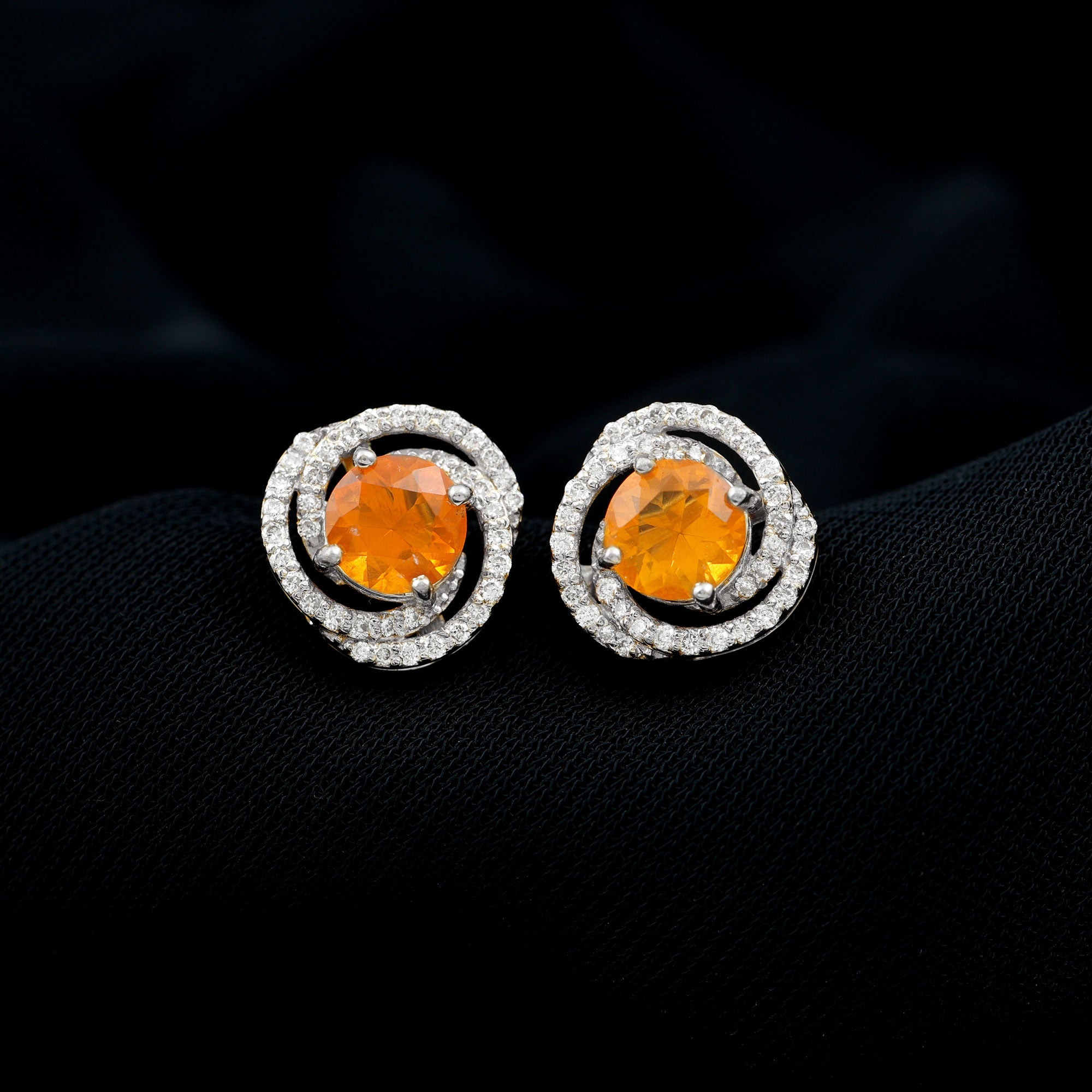 Real Fire Opal and Diamond Big Stud Earrings AAA - Rosec Jewels