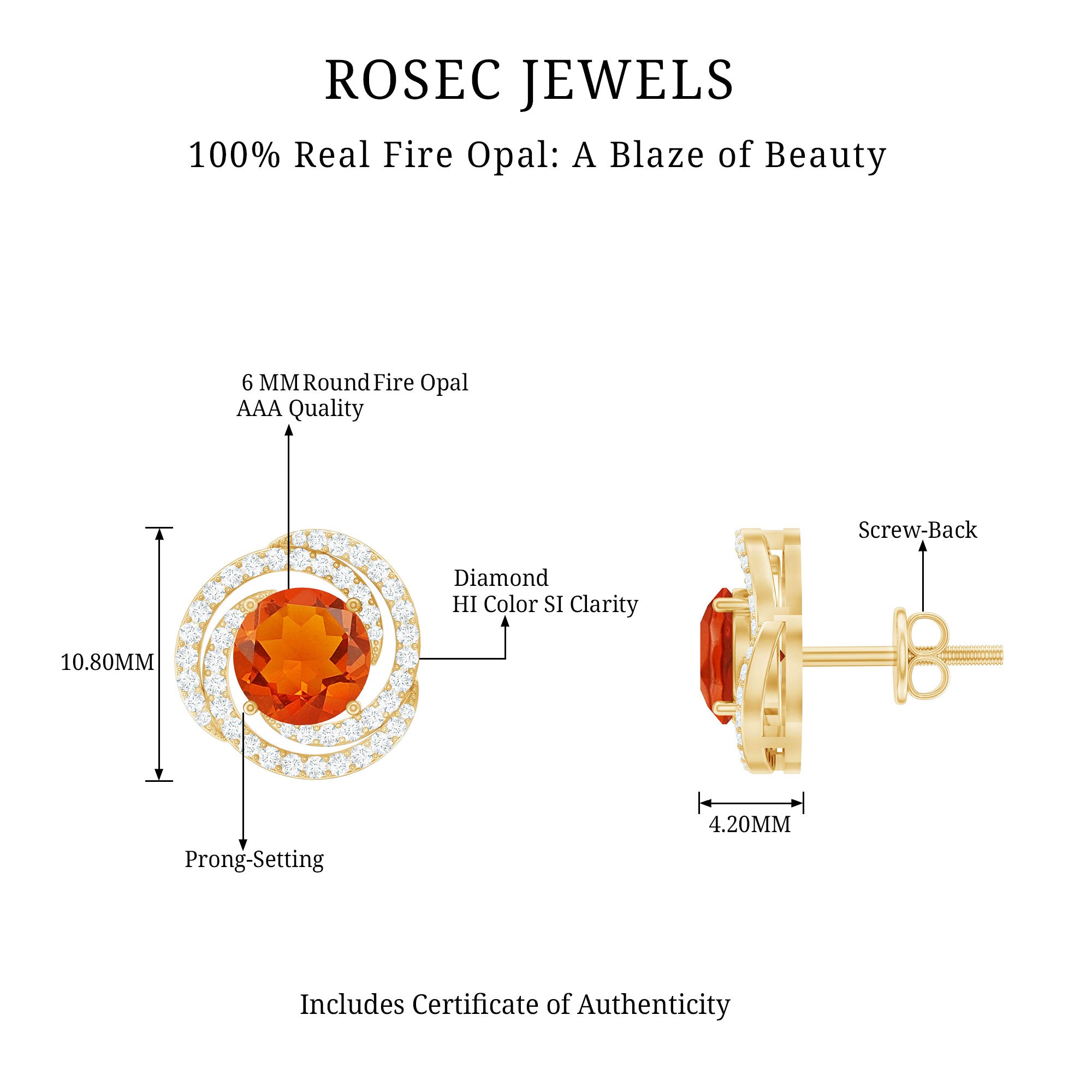 Real Fire Opal and Diamond Big Stud Earrings AAA - Rosec Jewels