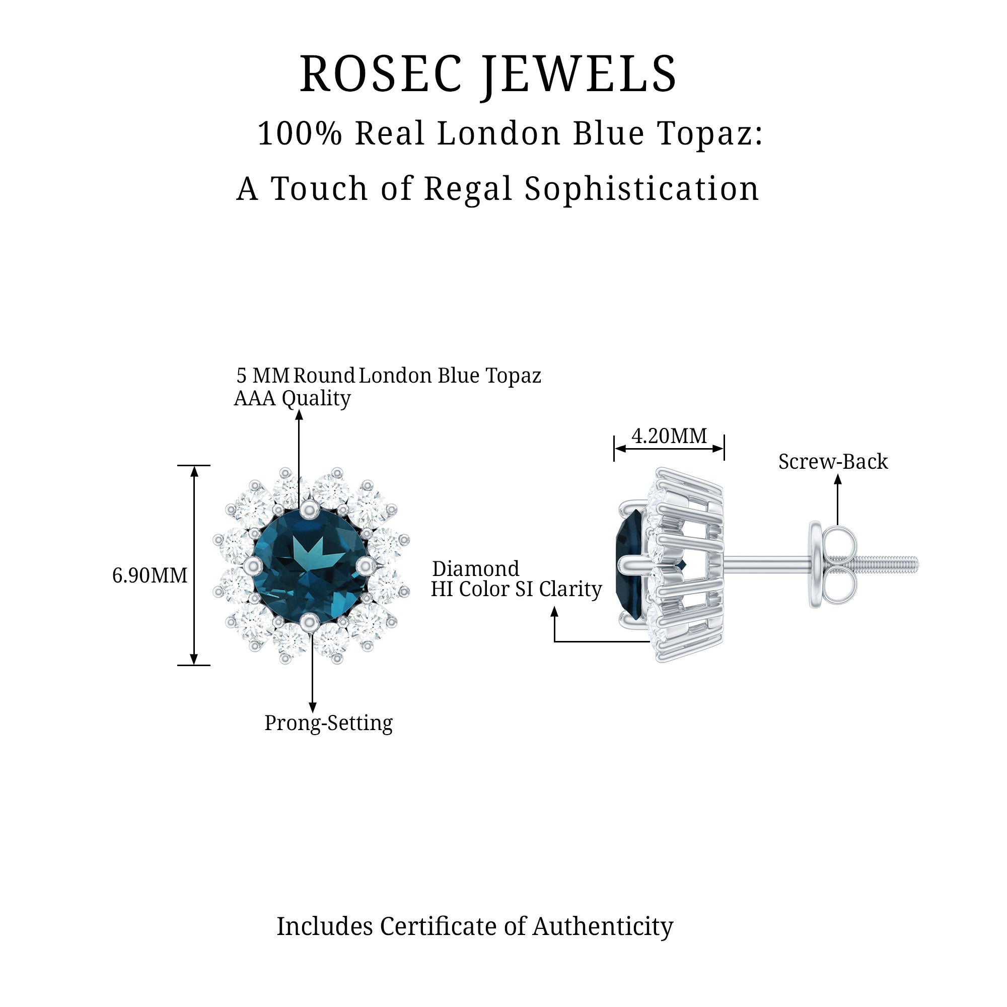 Real London Blue Topaz and Diamond Halo Stud Earrings AAA - Rosec Jewels