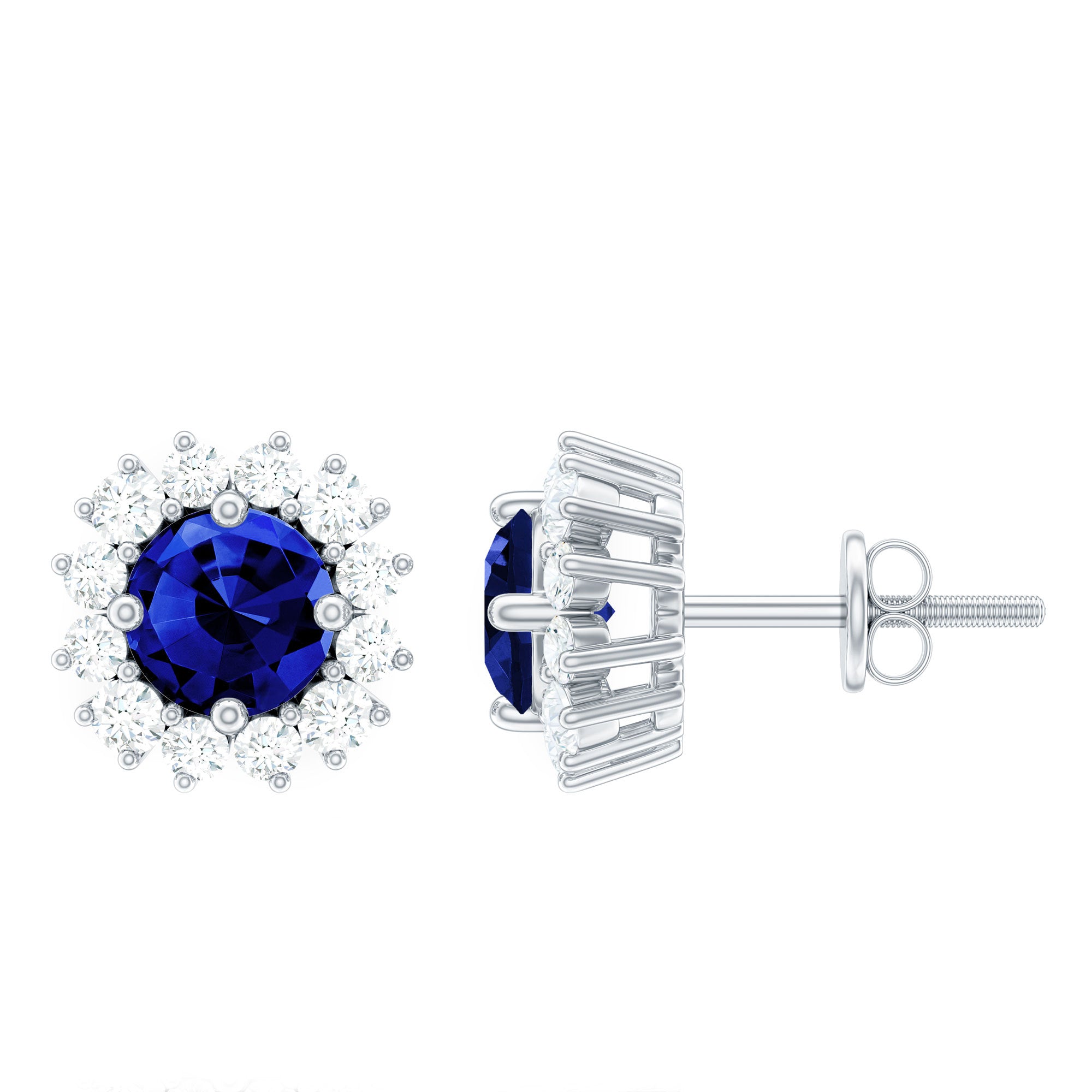 Brilliant Cut Lab Created Blue Sapphire Stud Earrings with Diamond Halo