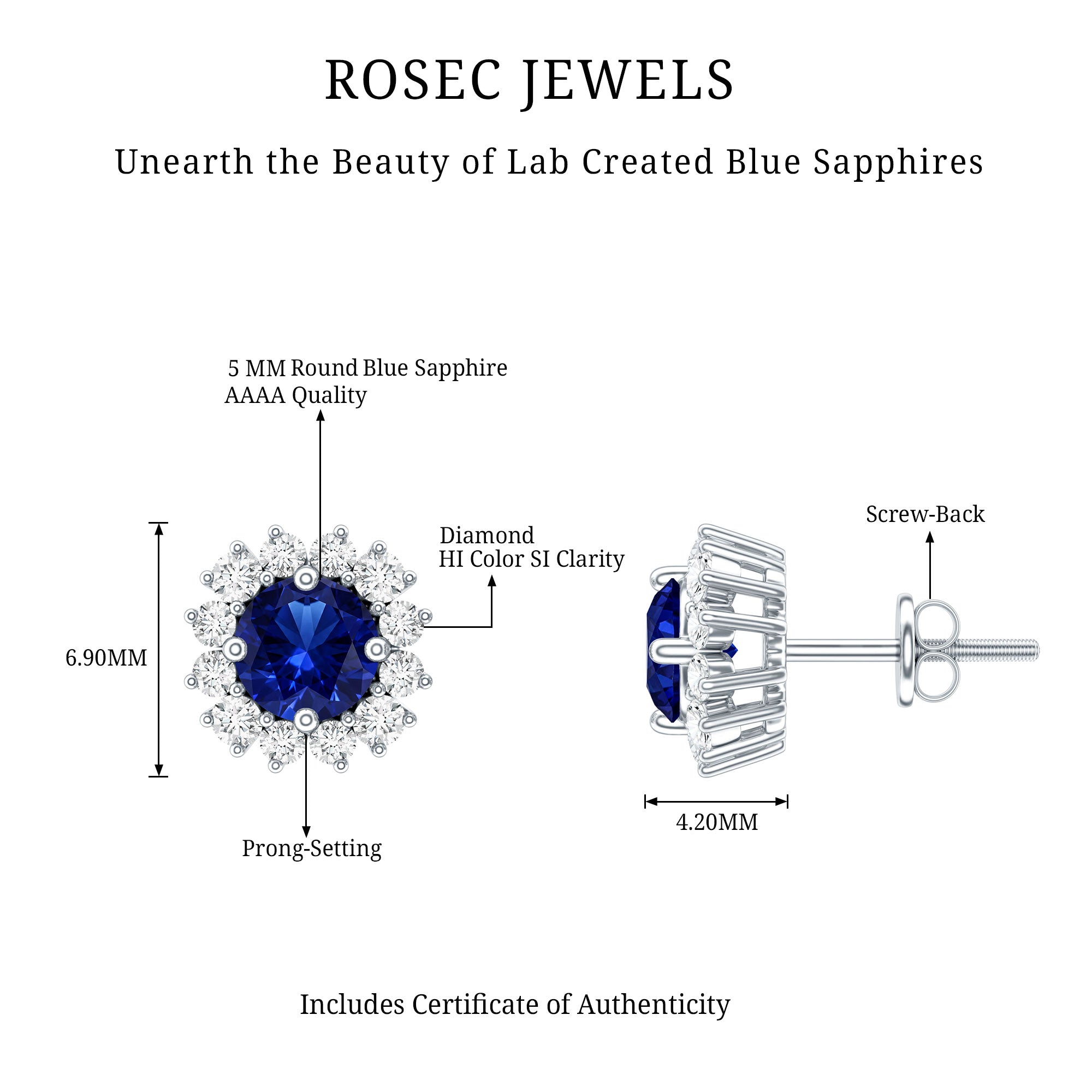 Brilliant Cut Lab Created Blue Sapphire Stud Earrings with Diamond Halo AAAA - Rosec Jewels