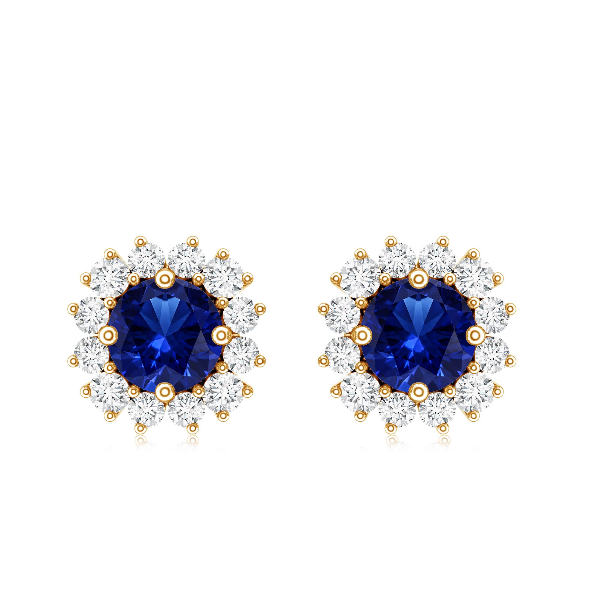 Brilliant Cut Lab Created Blue Sapphire Stud Earrings with Diamond Halo AAAA - Rosec Jewels