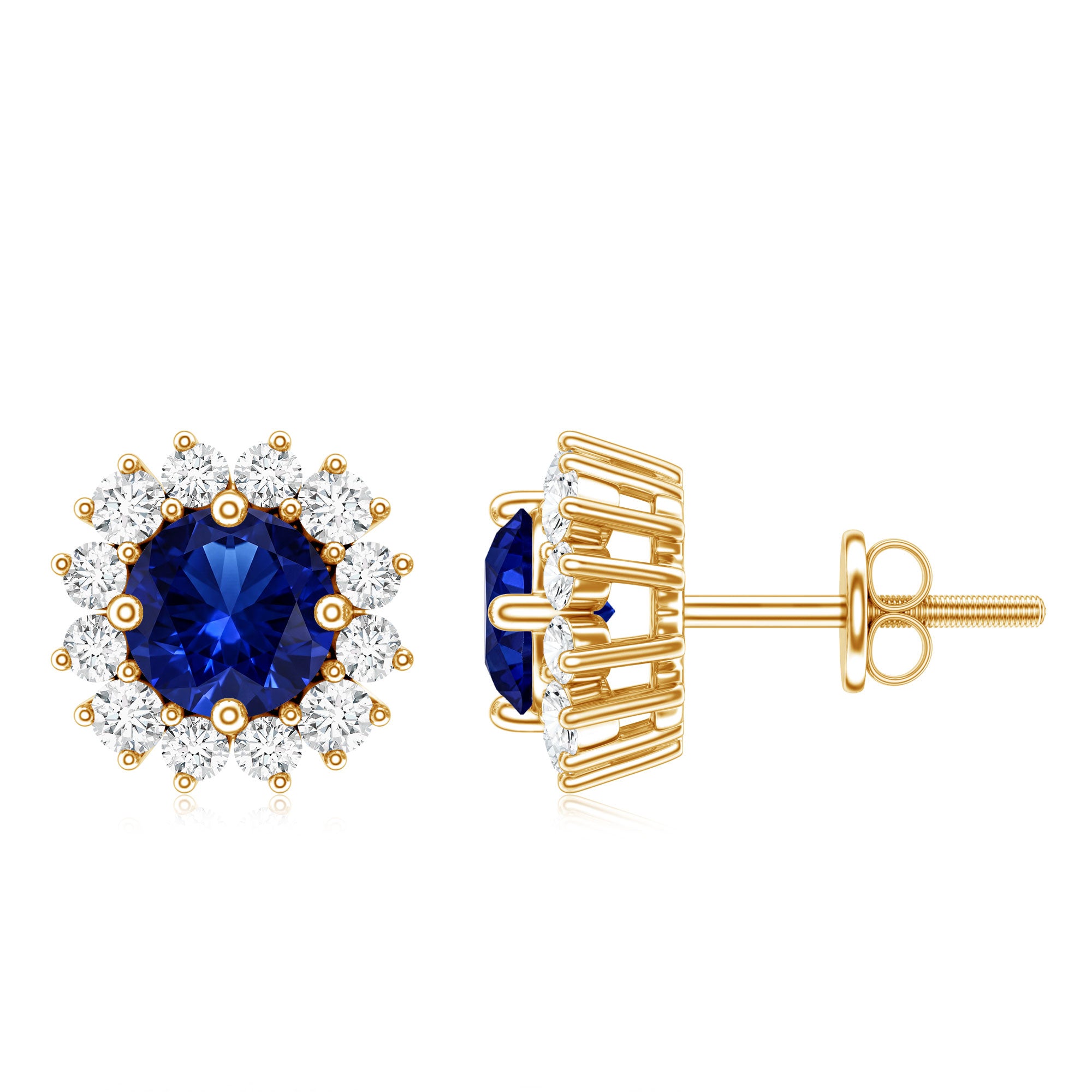 Brilliant Cut Lab Created Blue Sapphire Stud Earrings with Diamond Halo AAAA - Rosec Jewels