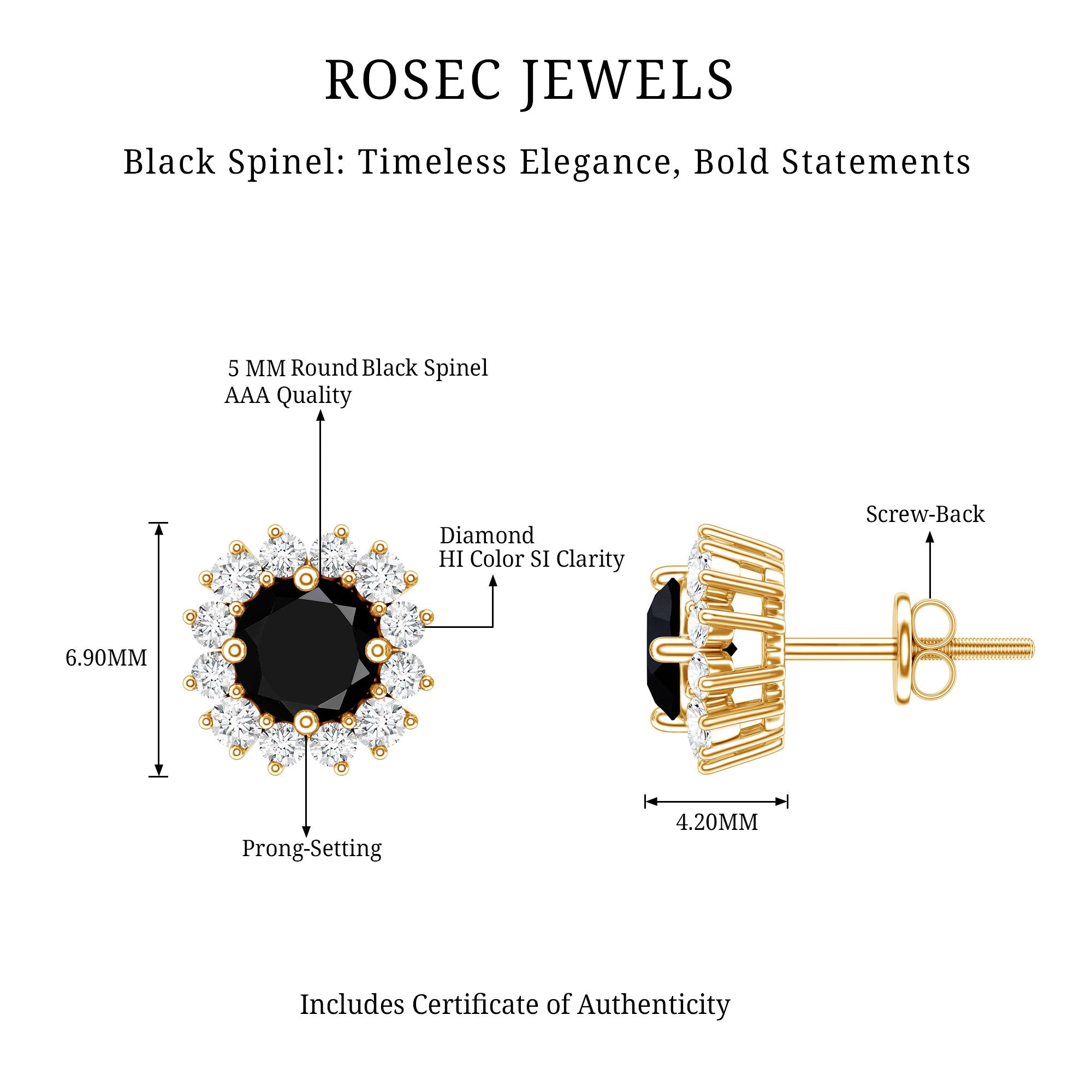 Natural Black Spinel Diamond Stud Earrings with Screw Back AAA - Rosec Jewels