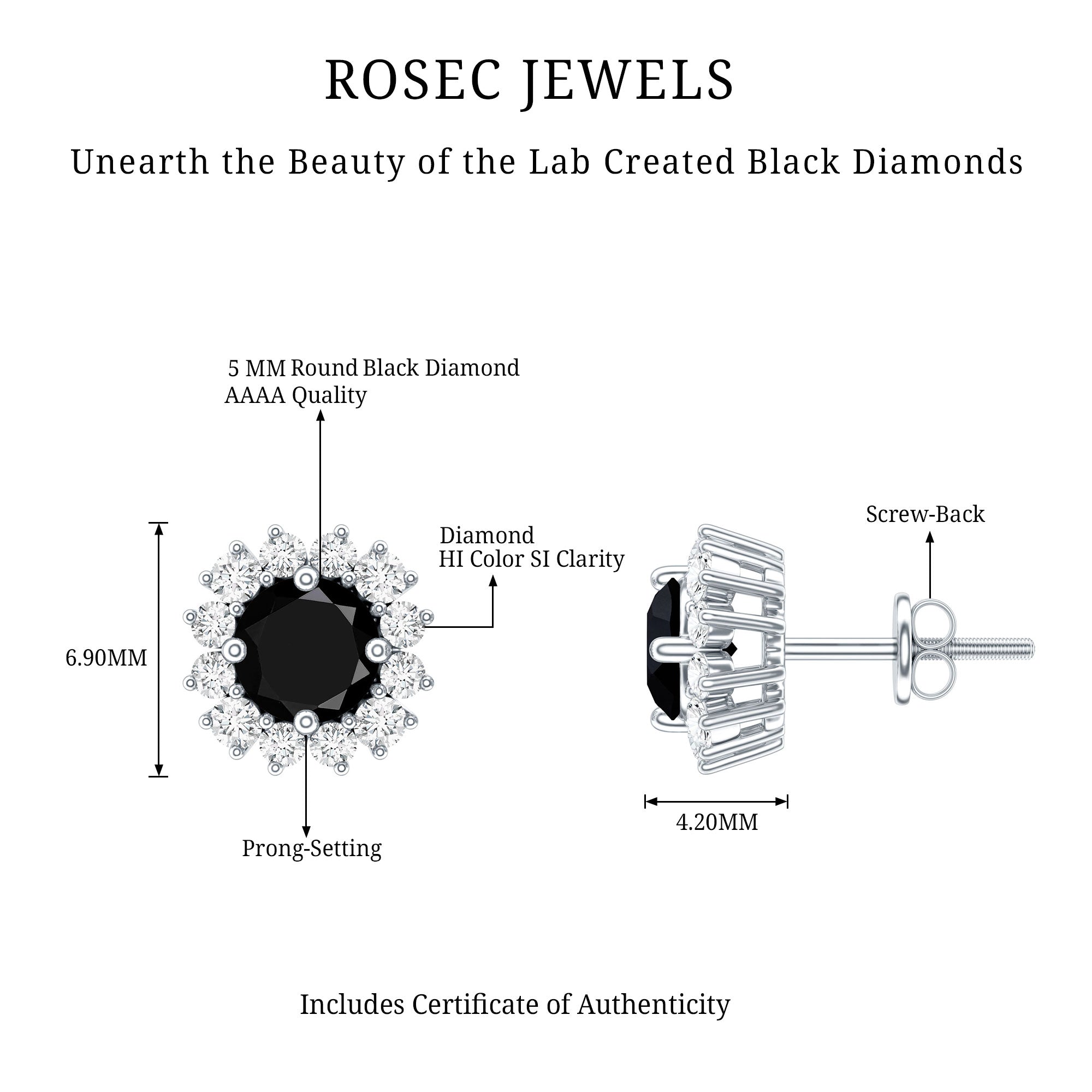 Round Lab Created Black and White Diamond Halo Stud Earrings AAAA ( Synthetic ) - Rosec Jewels