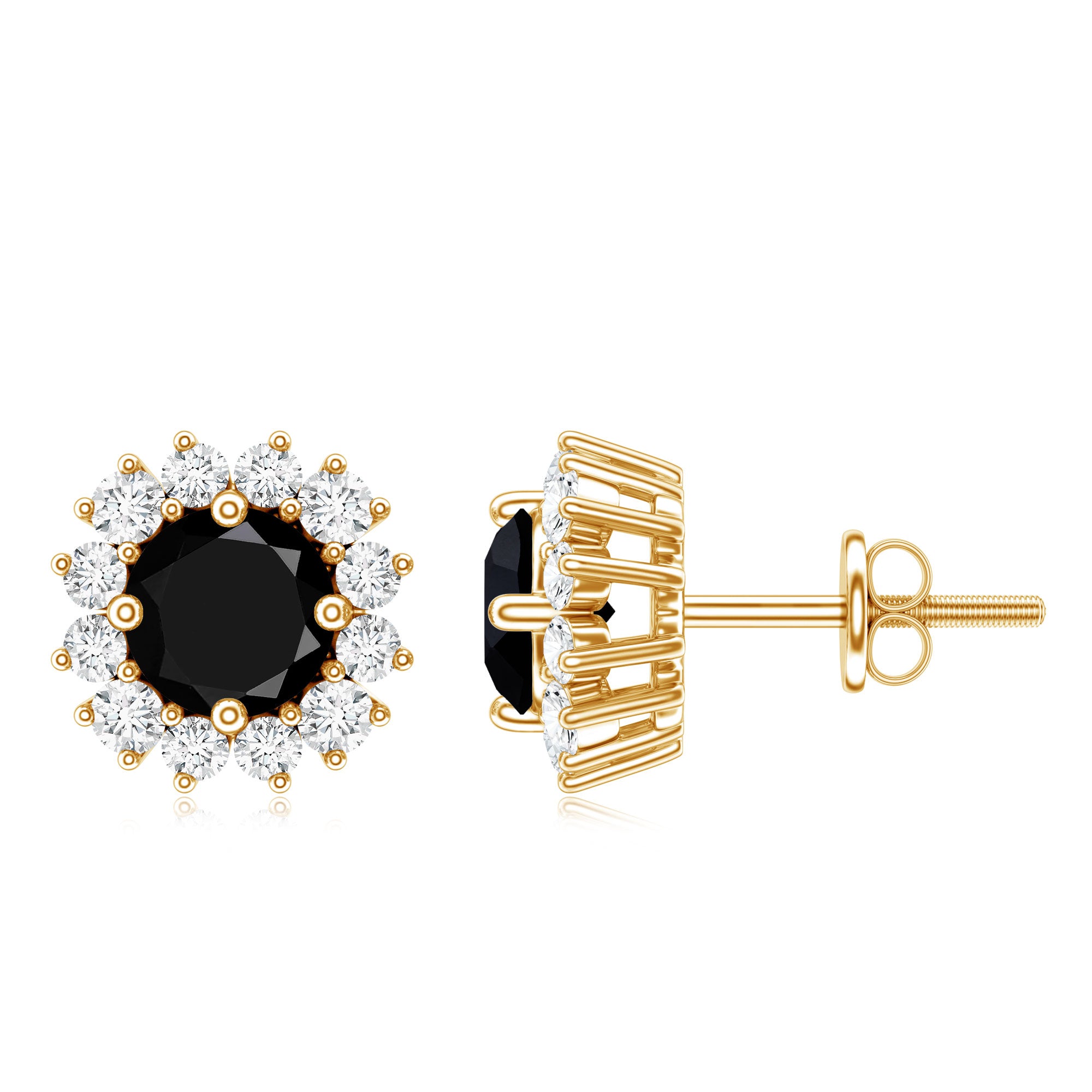 Round Lab Created Black and White Diamond Halo Stud Earrings AAAA ( Synthetic ) - Rosec Jewels