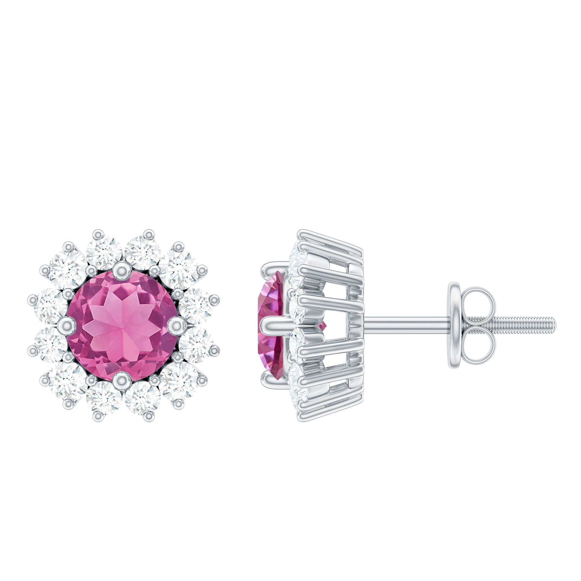 3/4 CT Pink Tourmaline and Diamond Halo Stud Earrings