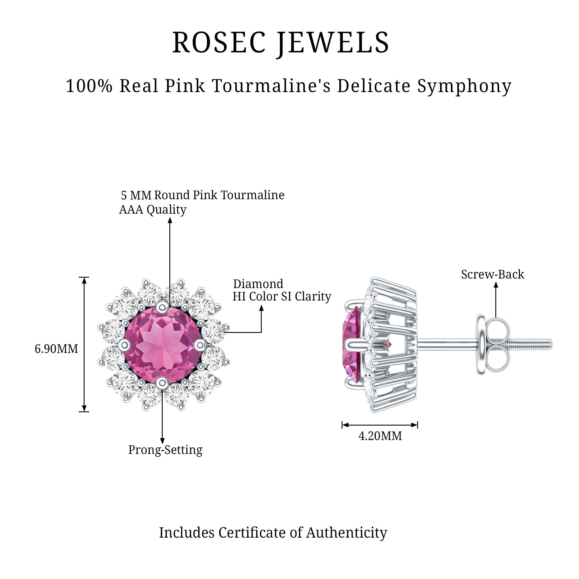Genuine Pink Tourmaline and Diamond Halo Stud Earrings AAA - Rosec Jewels