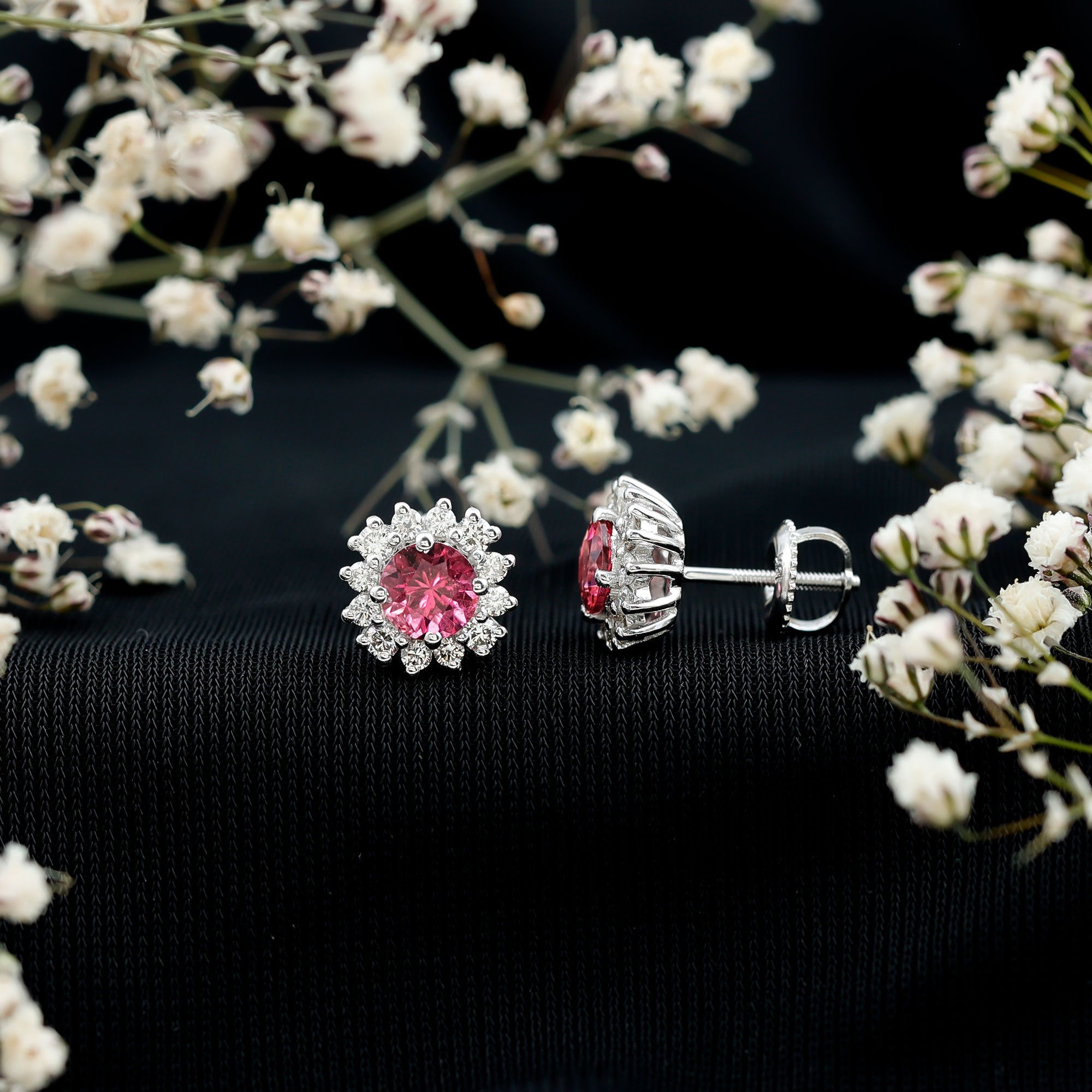 Genuine Pink Tourmaline and Diamond Halo Stud Earrings AAA - Rosec Jewels