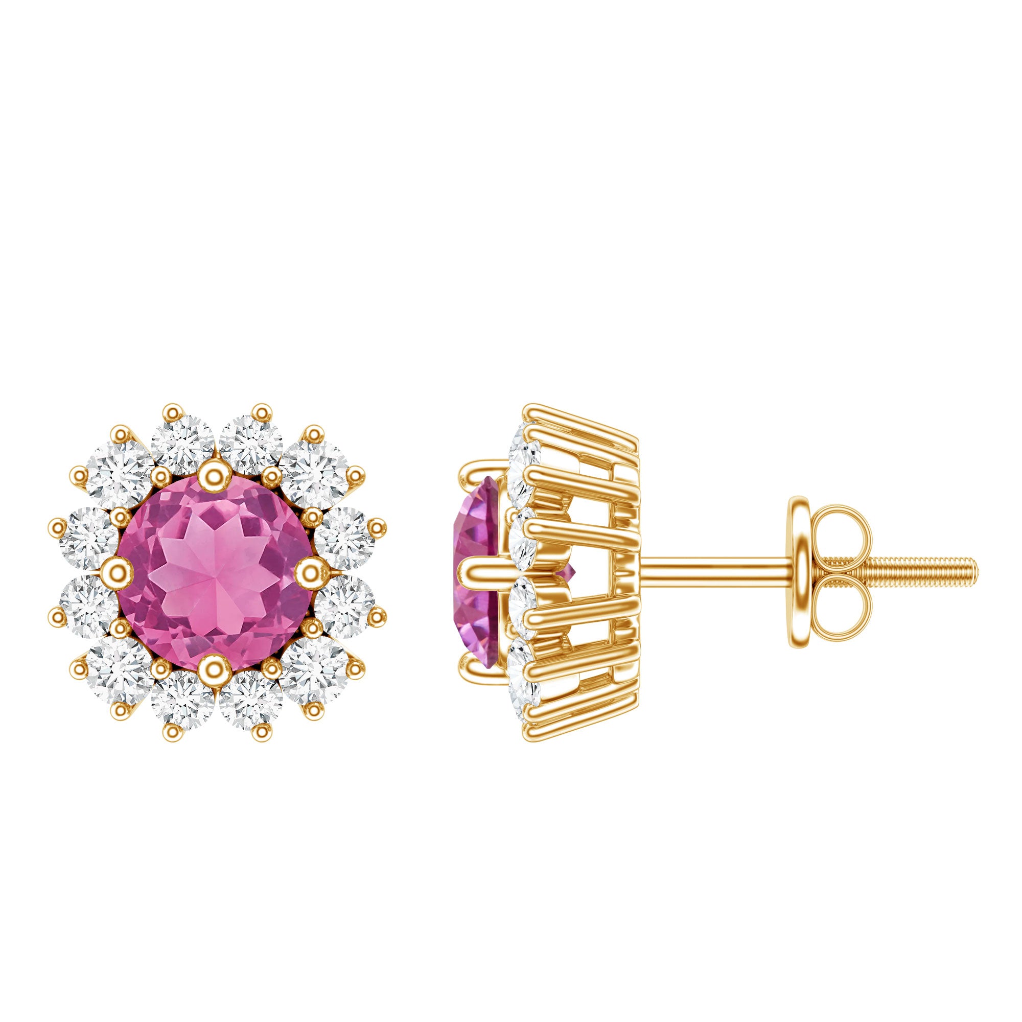 Genuine Pink Tourmaline and Diamond Halo Stud Earrings AAA - Rosec Jewels