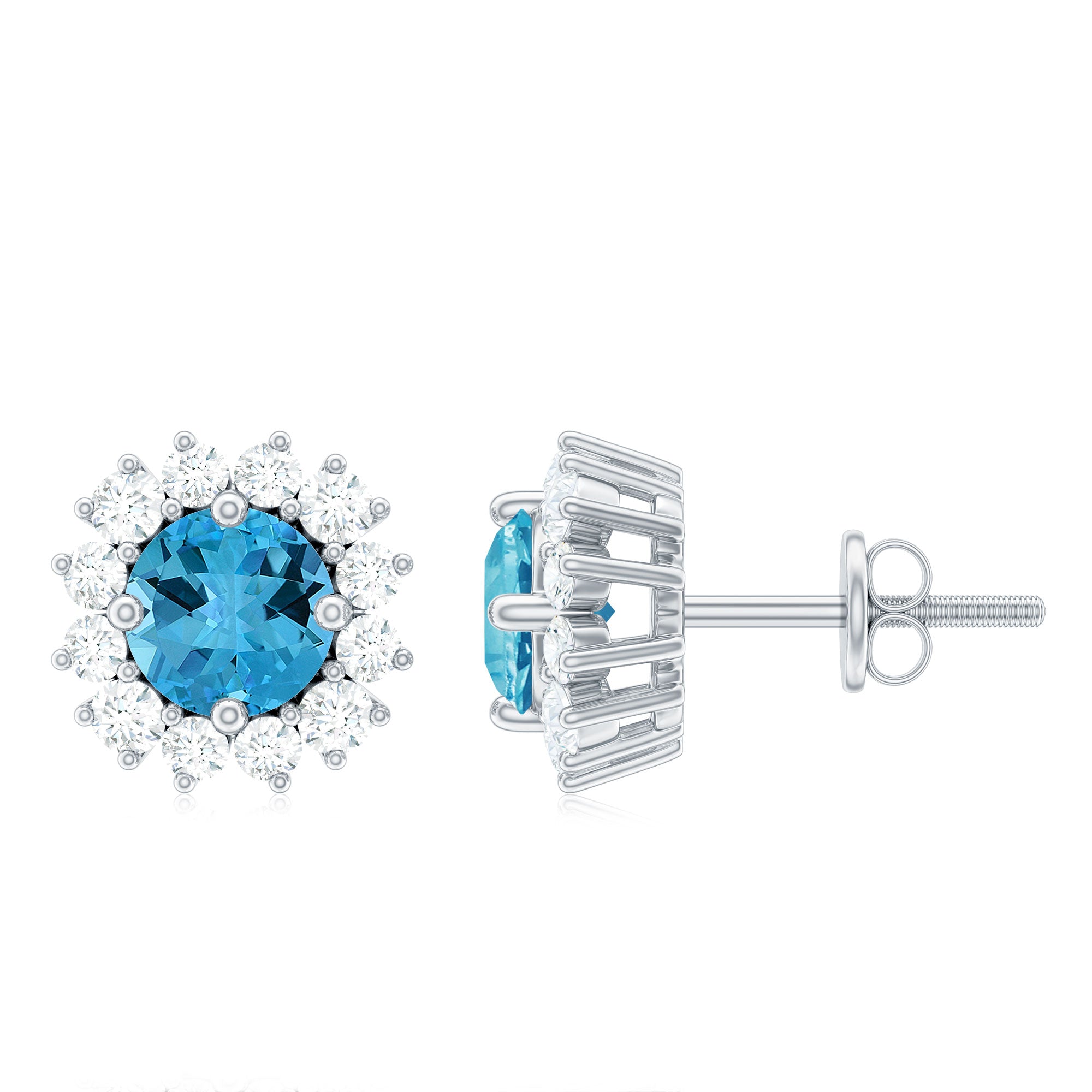 3/4 CT Swiss Blue Topaz and Diamond Halo Stud Earrings