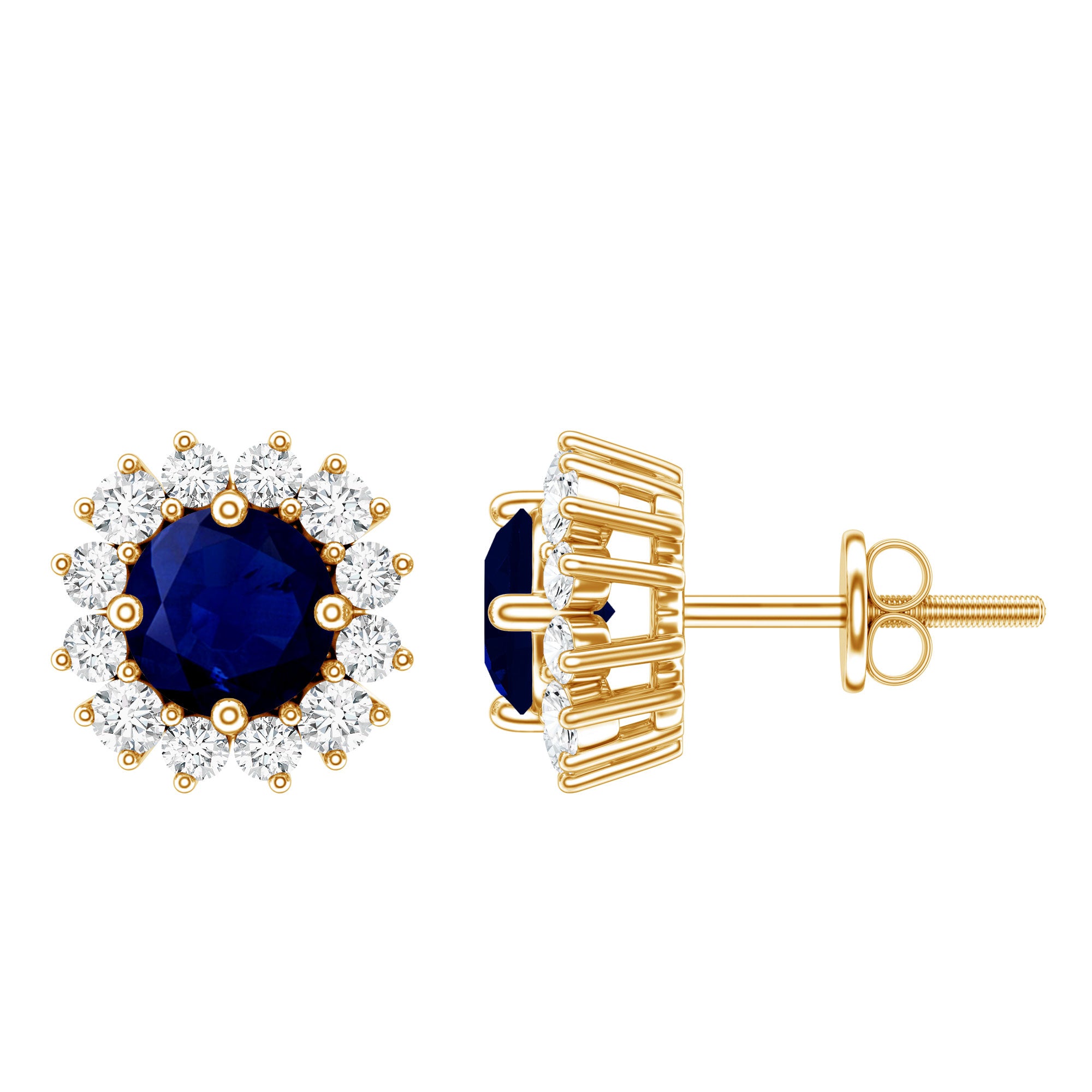 Genuine Blue Sapphire Diamond Earrings with Screw Back AAA - Rosec Jewels