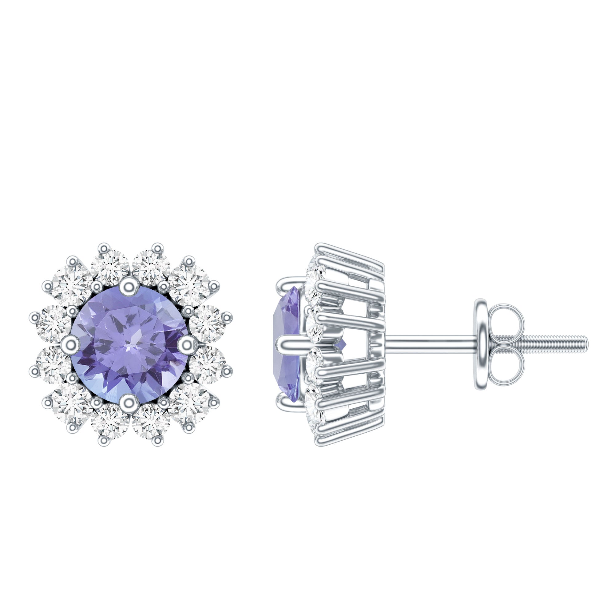 Natural 1 Carat Tanzanite Stud Earrings with Diamond Halo AAA - Rosec Jewels