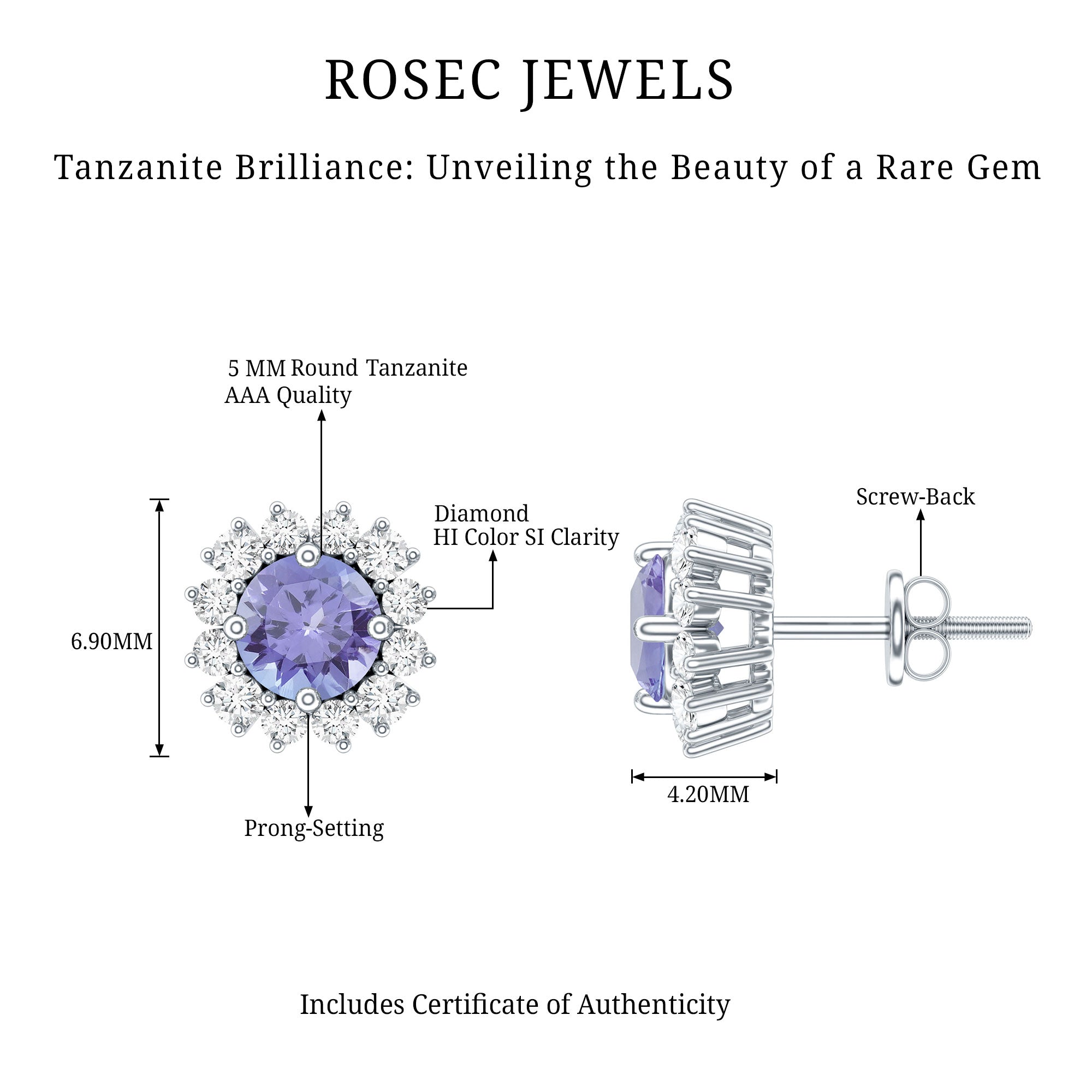 Natural 1 Carat Tanzanite Stud Earrings with Diamond Halo AAA - Rosec Jewels