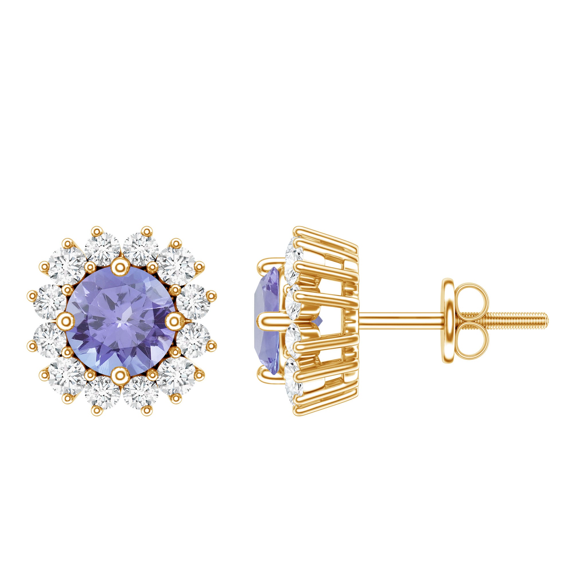 Natural 1 Carat Tanzanite Stud Earrings with Diamond Halo AAA - Rosec Jewels