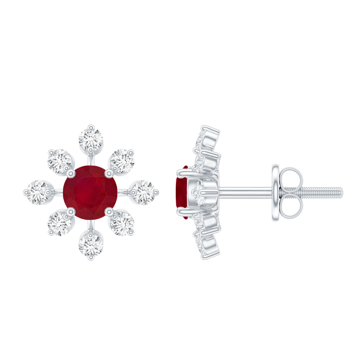 Natural Ruby Flower Stud Earrings with Diamond for Women AAA - Rosec Jewels