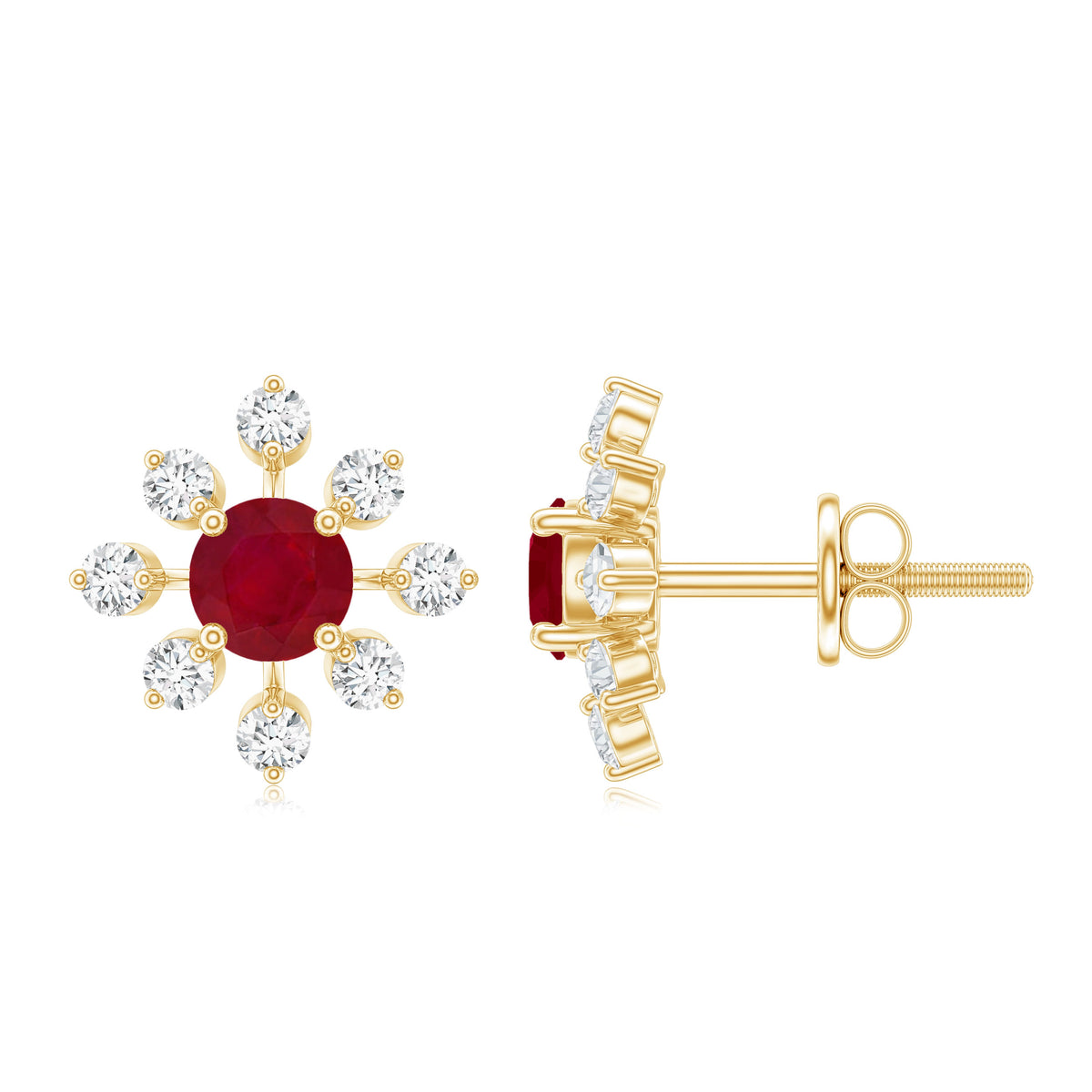 Natural Ruby Flower Stud Earrings with Diamond for Women AAA - Rosec Jewels