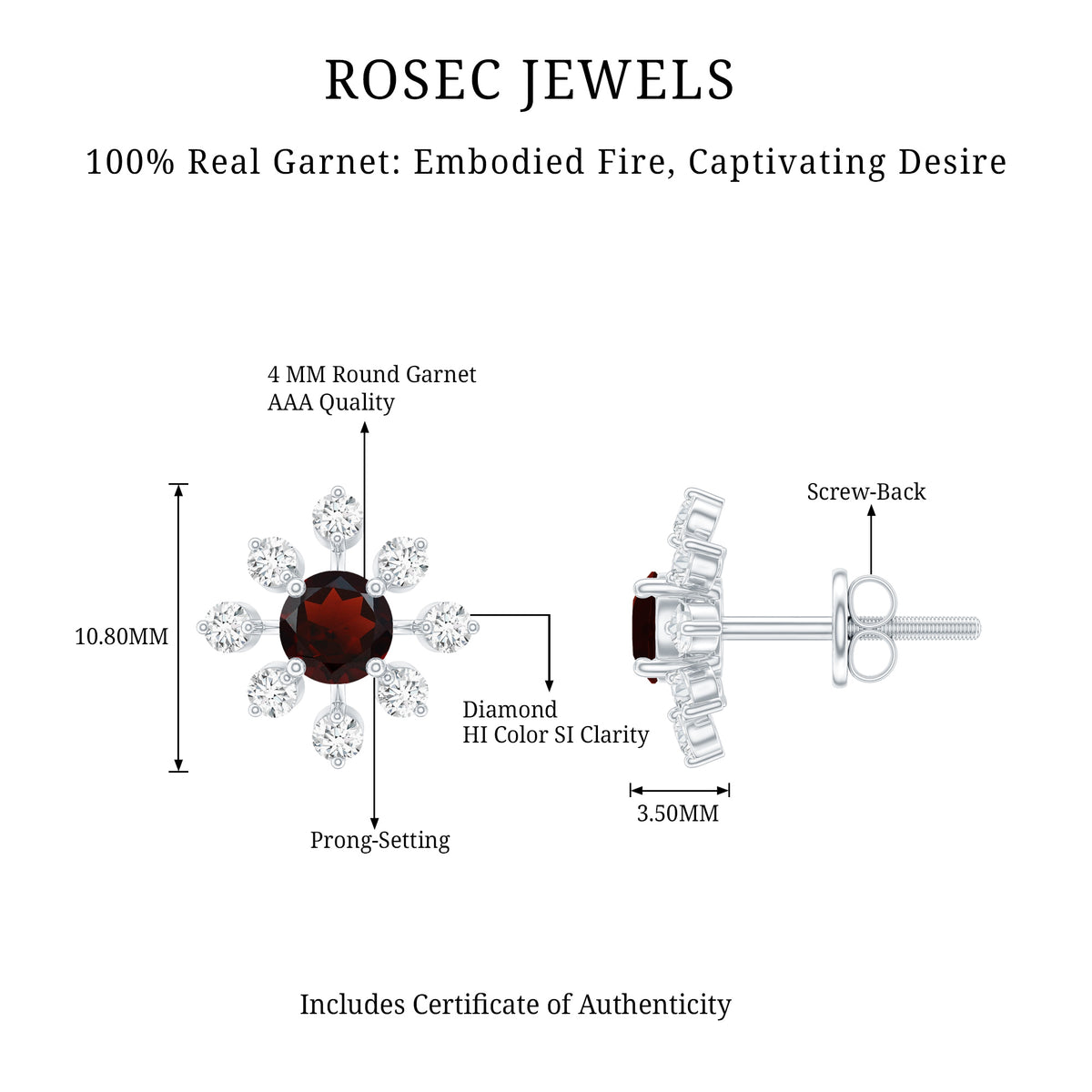 Natural Garnet and Diamond Flower Stud Earrings AAA - Rosec Jewels