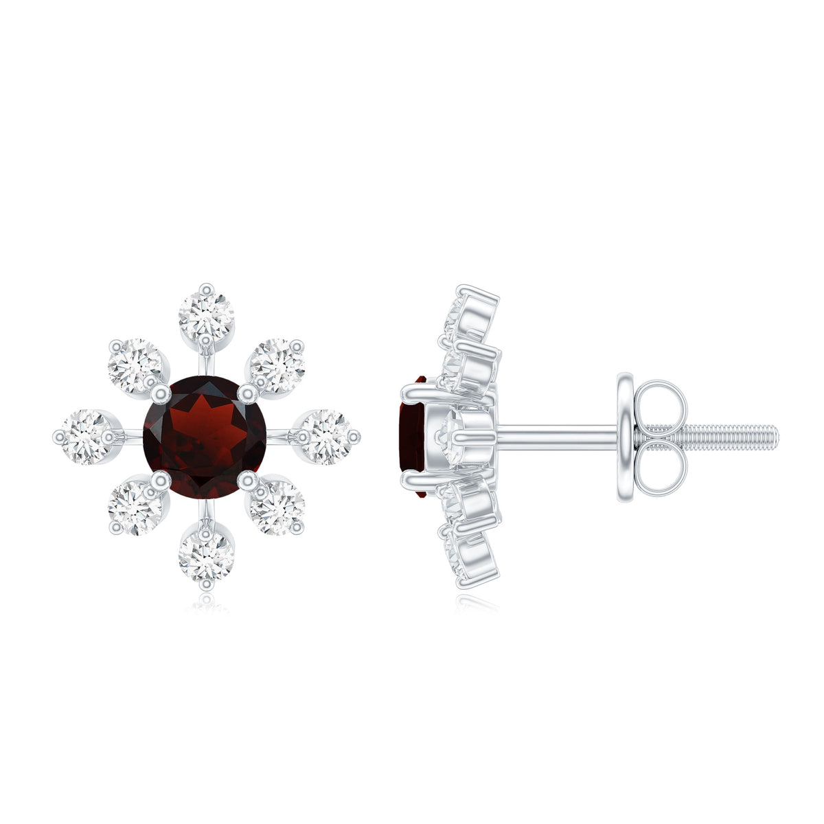 Natural Garnet and Diamond Flower Stud Earrings AAA - Rosec Jewels
