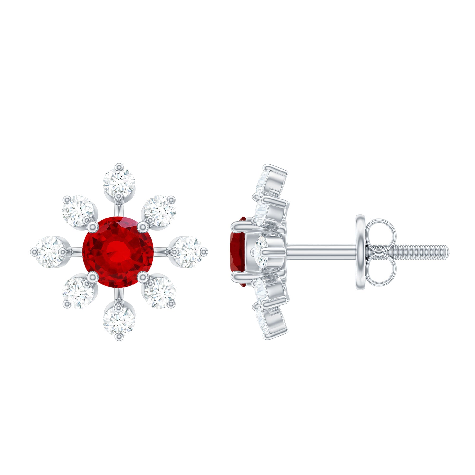 Lab Created Ruby and Diamond Flower Stud Earrings