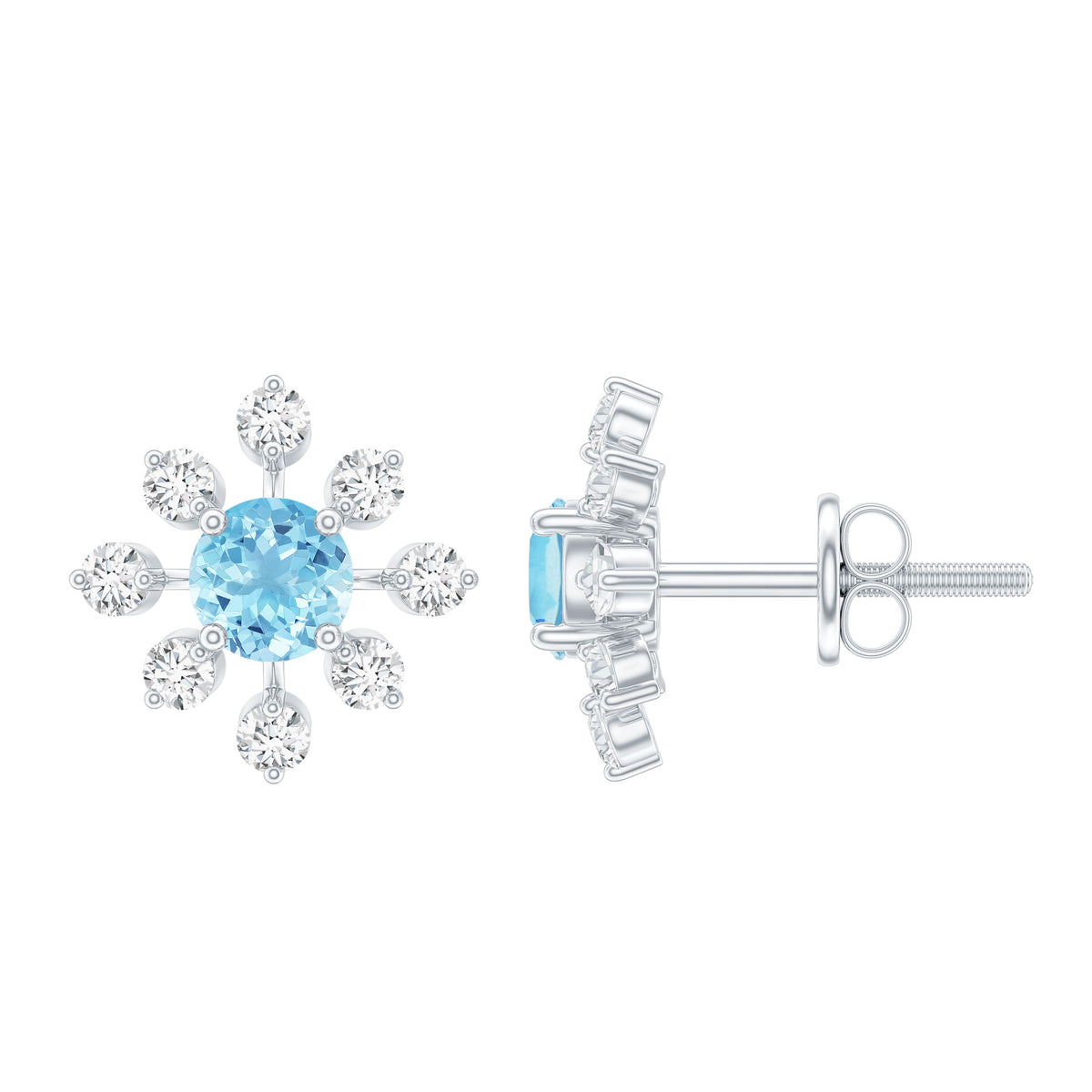 Certified Real Aquamarine Snowflake Earrings with Diamond AAA - Rosec Jewels