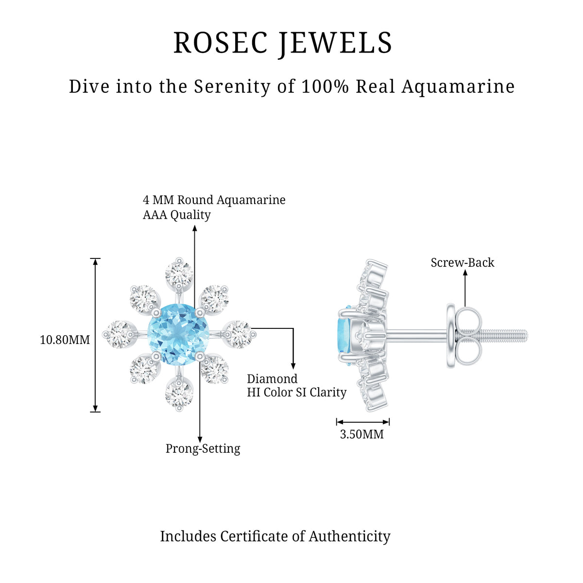 Certified Real Aquamarine Snowflake Earrings with Diamond AAA - Rosec Jewels