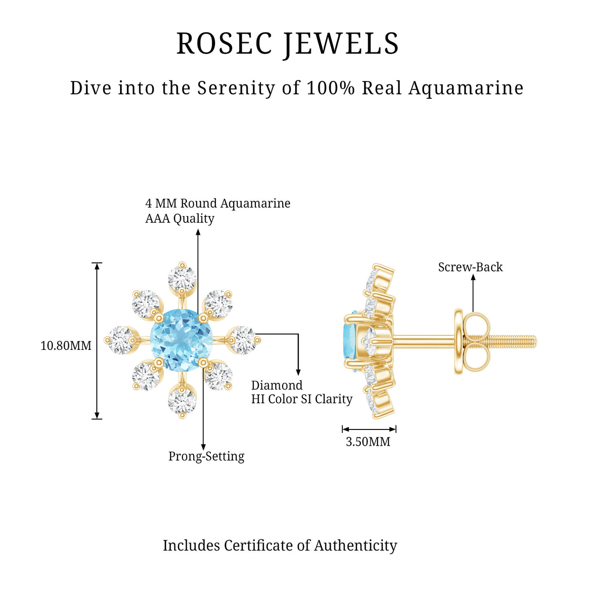 Certified Real Aquamarine Snowflake Earrings with Diamond AAA - Rosec Jewels