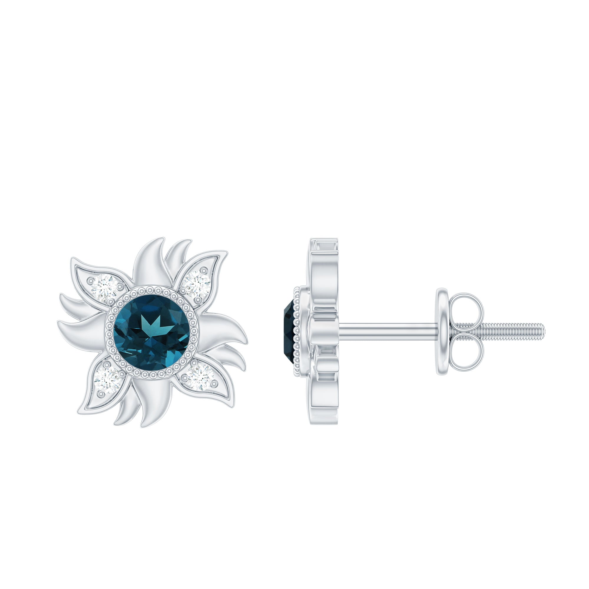 London Blue Topaz and Diamond Sunburst Stud Earrings