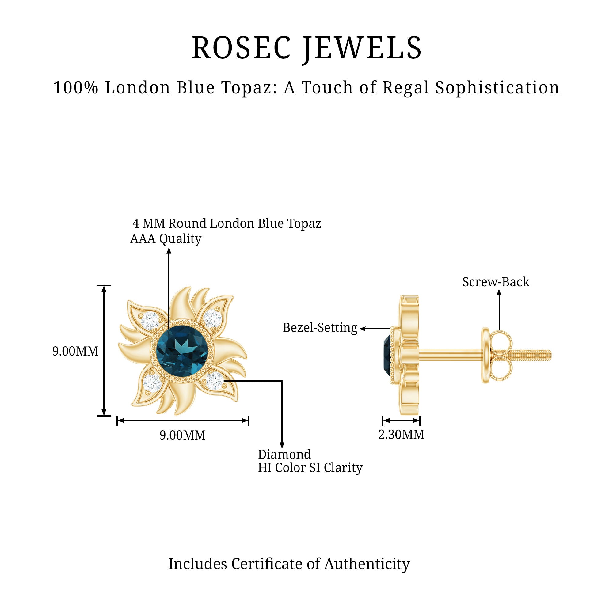 London Blue Topaz and Diamond Sunburst Stud Earrings AAA - Rosec Jewels