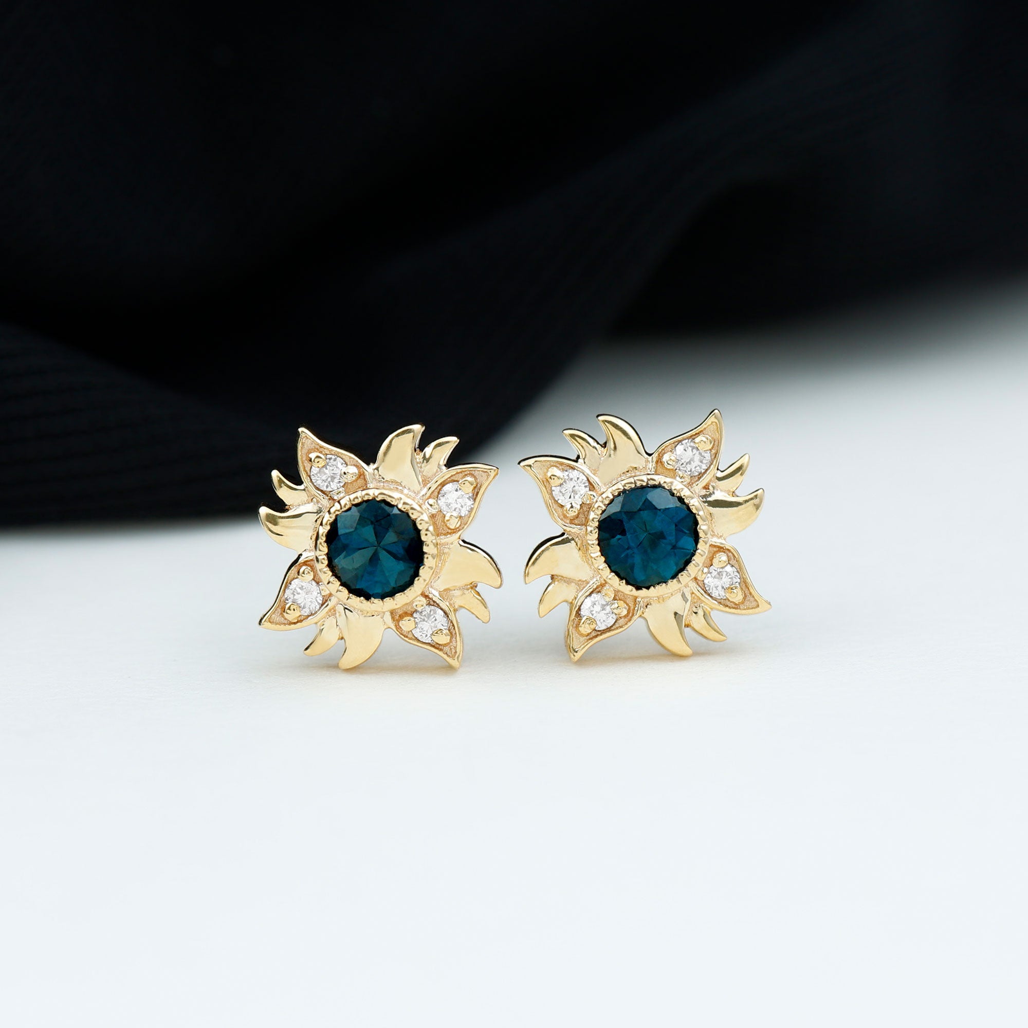 London Blue Topaz and Diamond Sunburst Stud Earrings AAA - Rosec Jewels