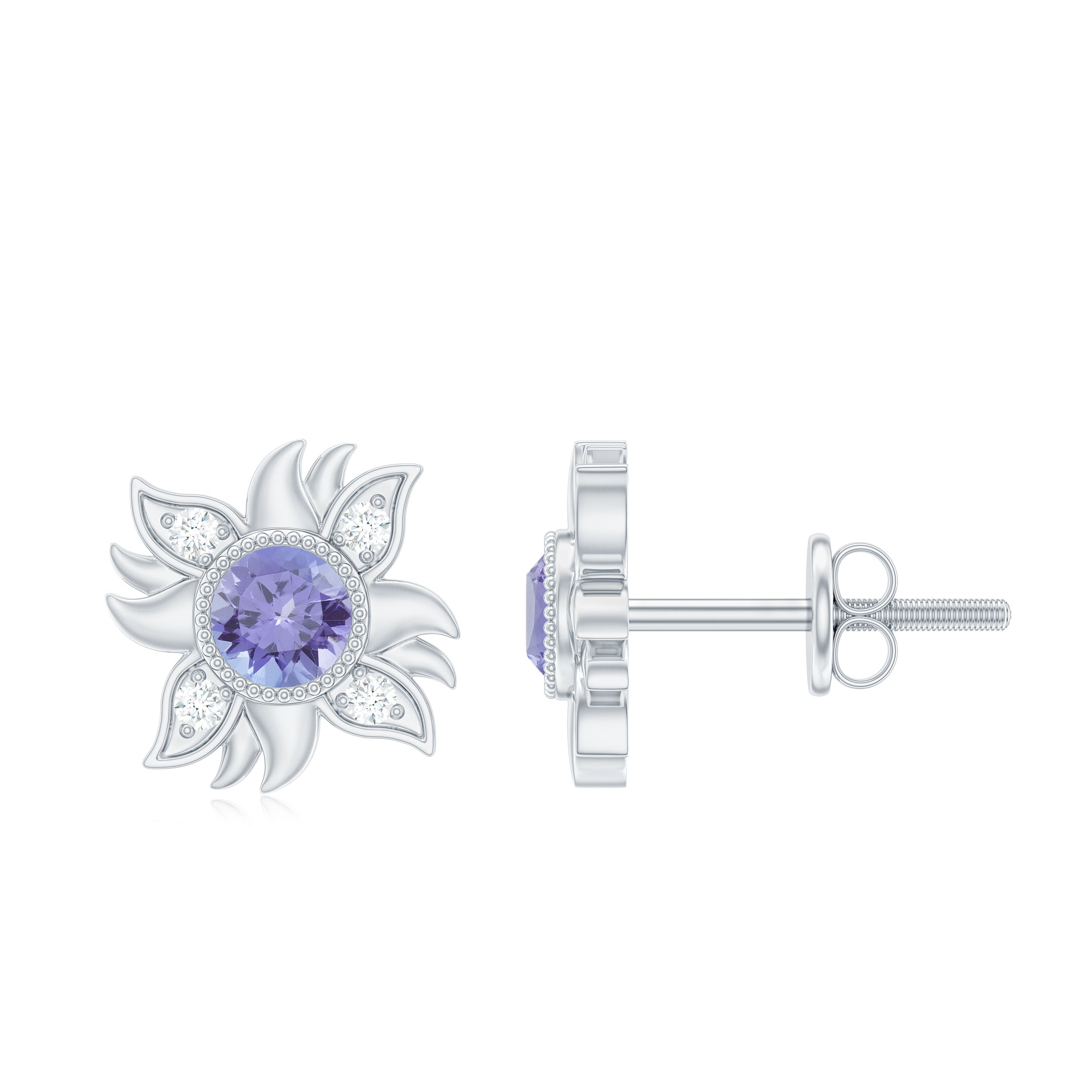 Round Shape Tanzanite and Diamond Sunburst Stud Earrings AAA - Rosec Jewels