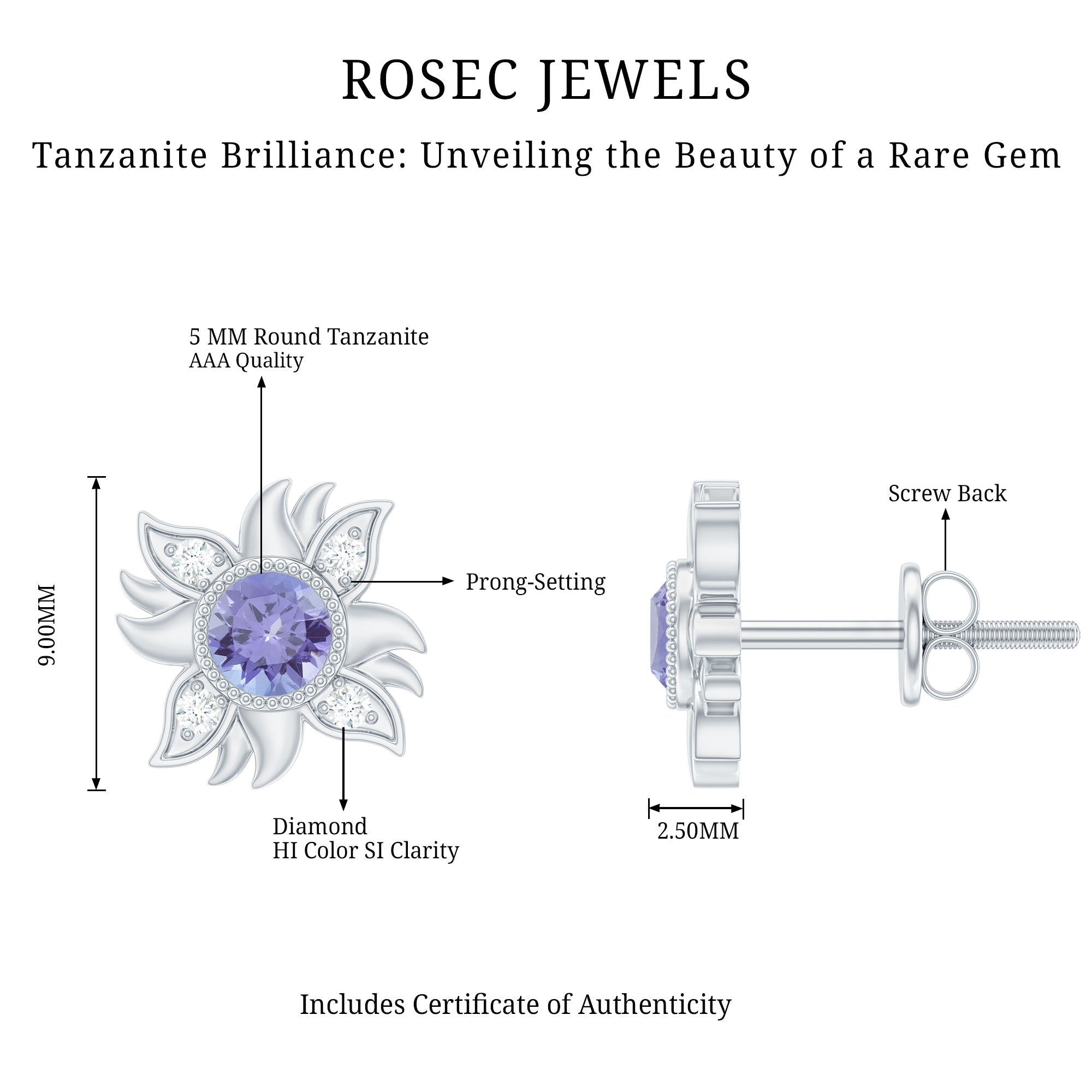 Round Shape Tanzanite and Diamond Sunburst Stud Earrings AAA - Rosec Jewels