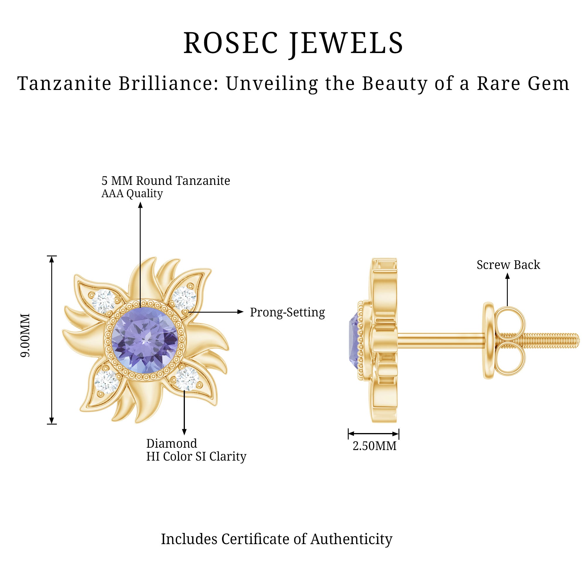 Round Shape Tanzanite and Diamond Sunburst Stud Earrings AAA - Rosec Jewels