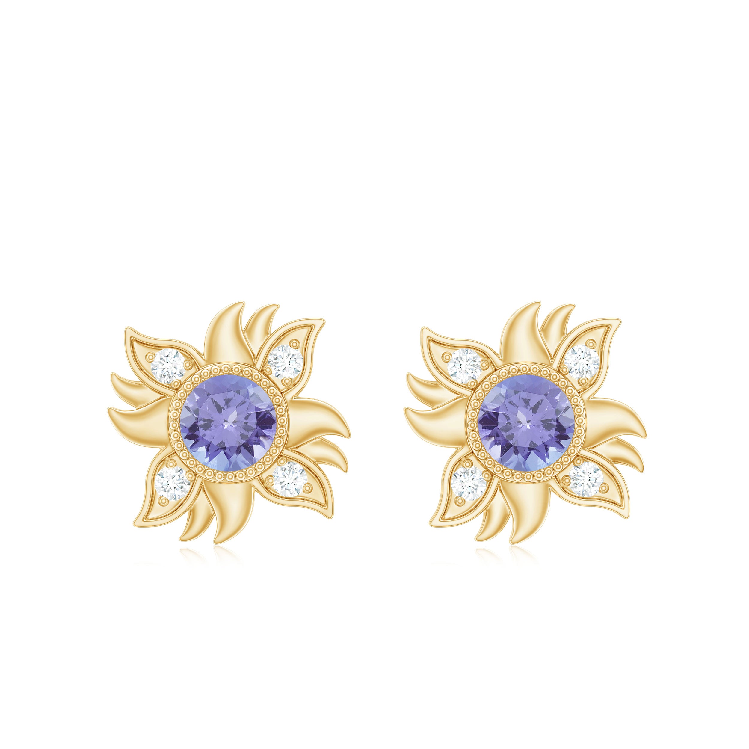 Round Shape Tanzanite and Diamond Sunburst Stud Earrings AAA - Rosec Jewels