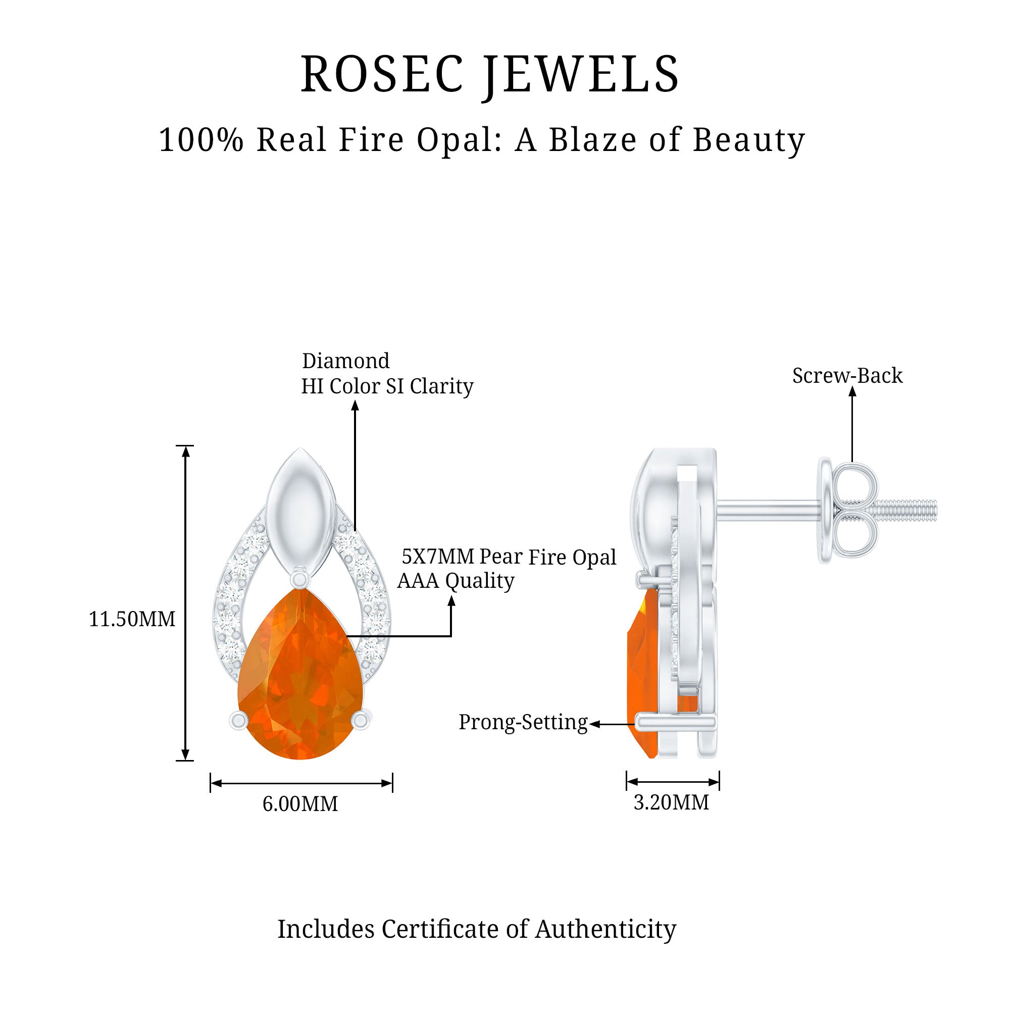 Pear Cut Fire Opal Bridal Stud Earrings with Diamonds AAA - Rosec Jewels