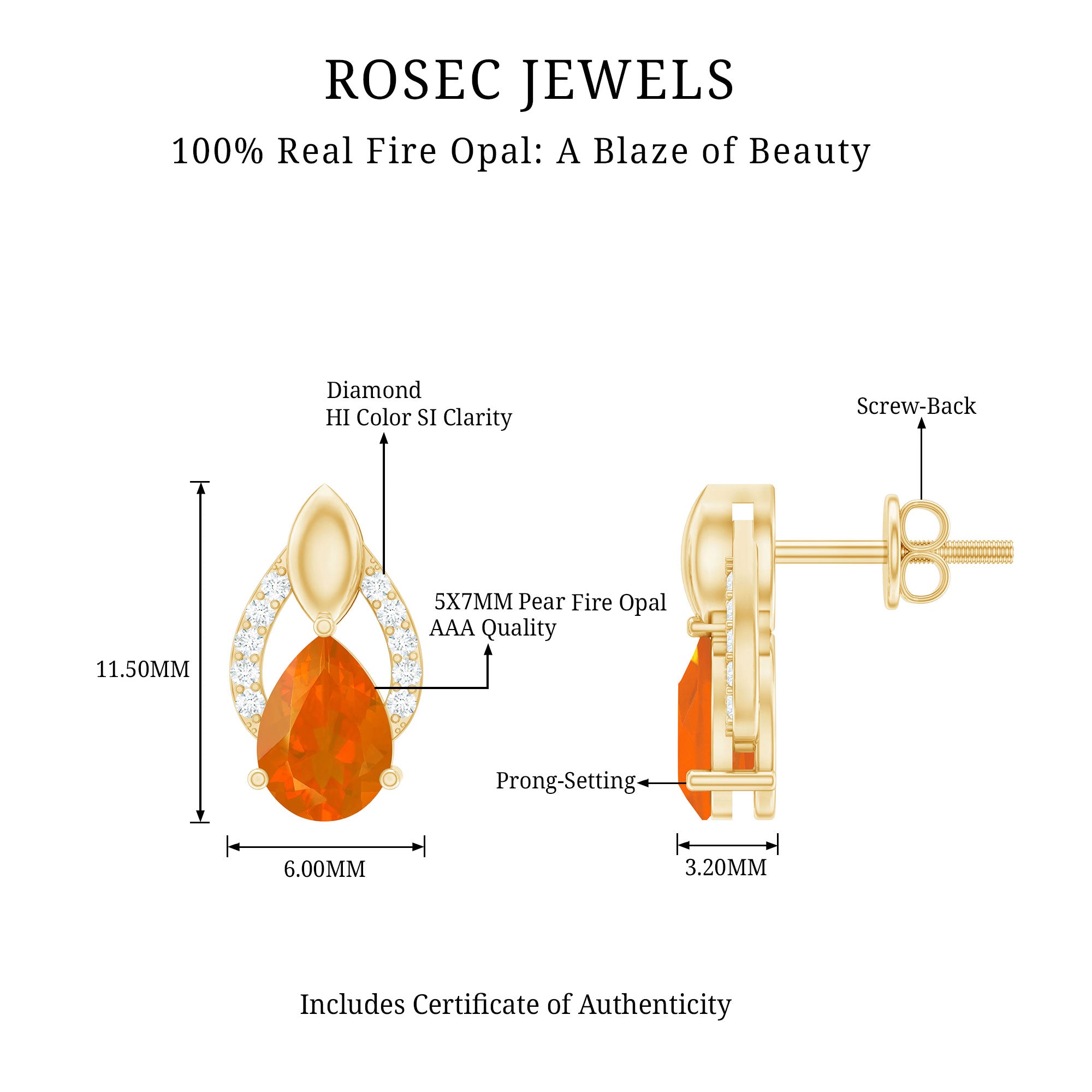 Pear Cut Fire Opal Bridal Stud Earrings with Diamonds AAA - Rosec Jewels