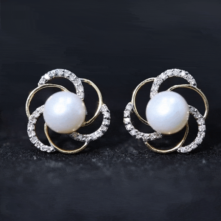 Round Freshwater Pearl Big Stud Earrings with Diamonds AAA - Rosec Jewels