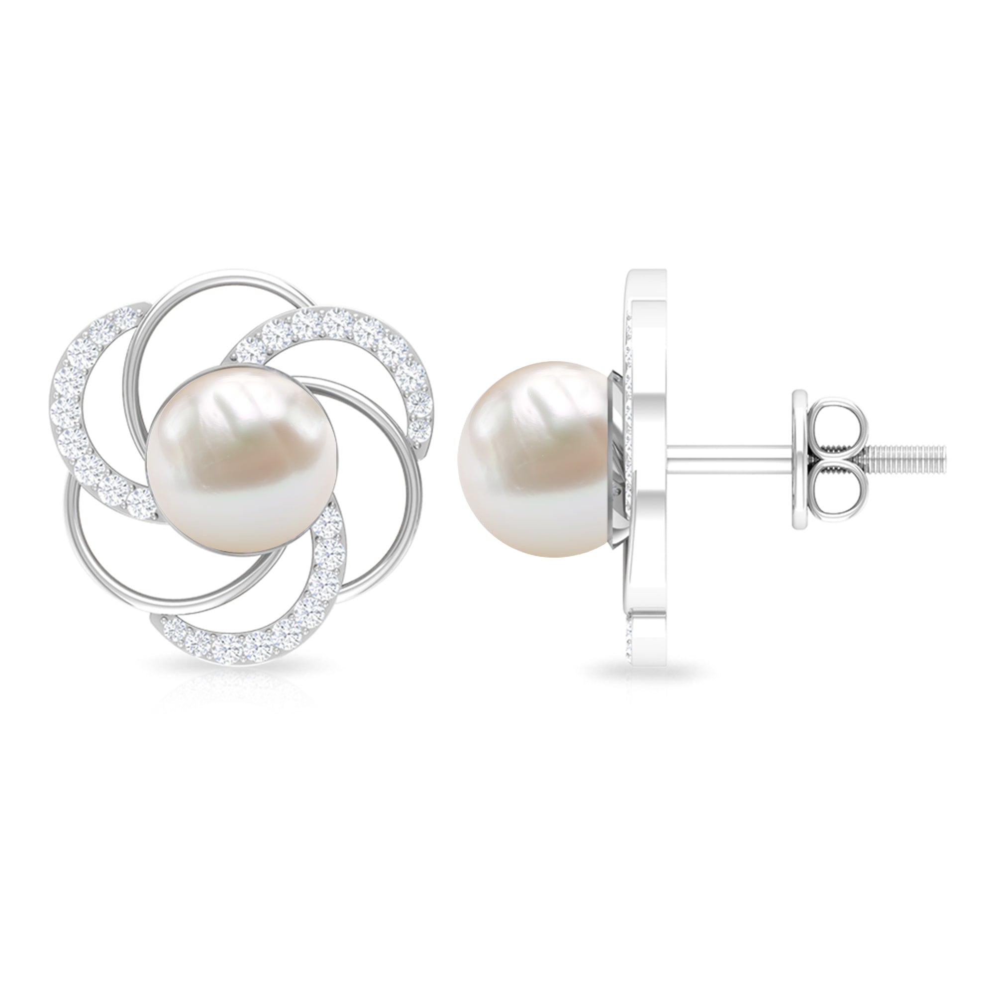 6 MM Round Freshwater Pearl Solitaire Floral Stud Earrings with Diamond Accent