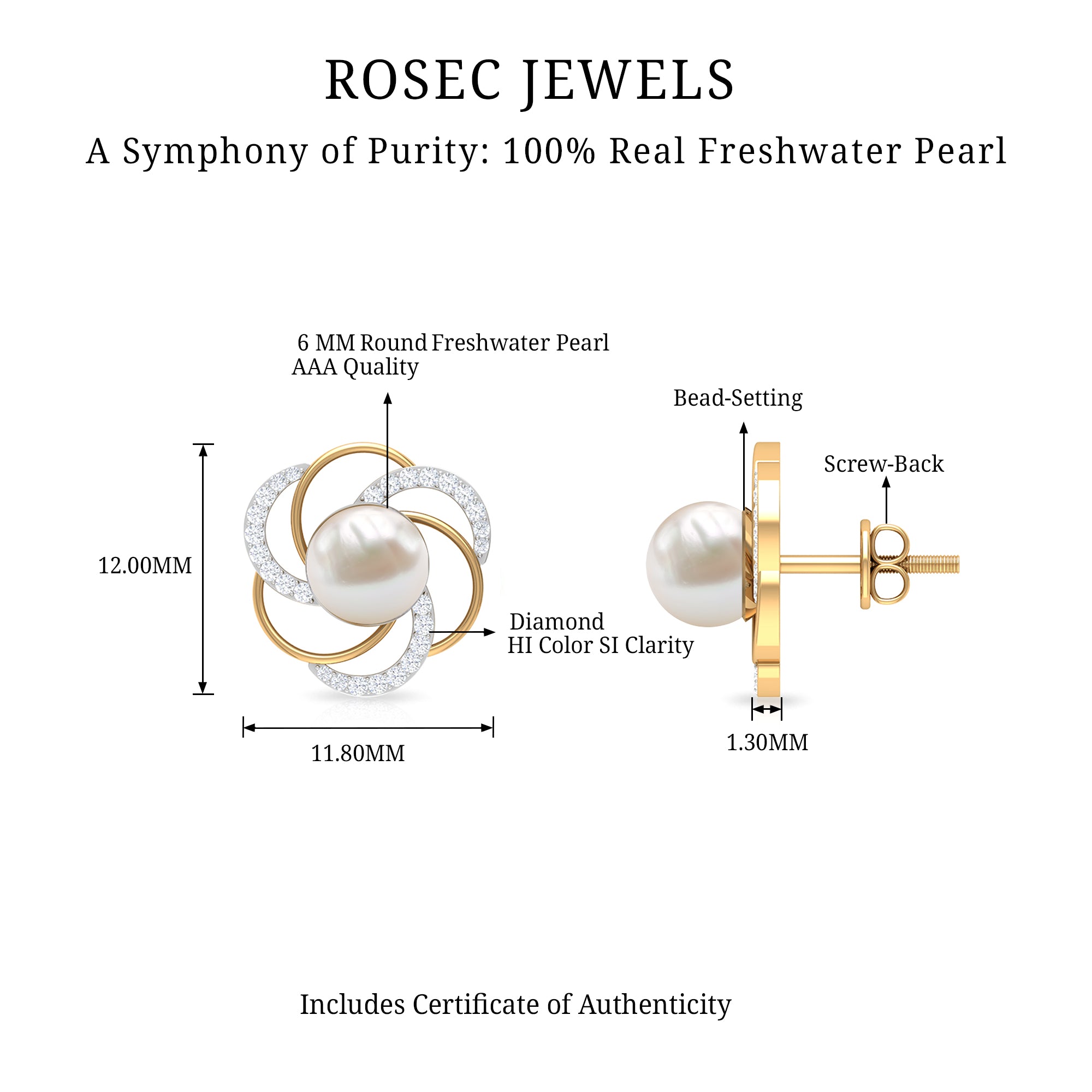 Round Freshwater Pearl Big Stud Earrings with Diamonds AAA - Rosec Jewels