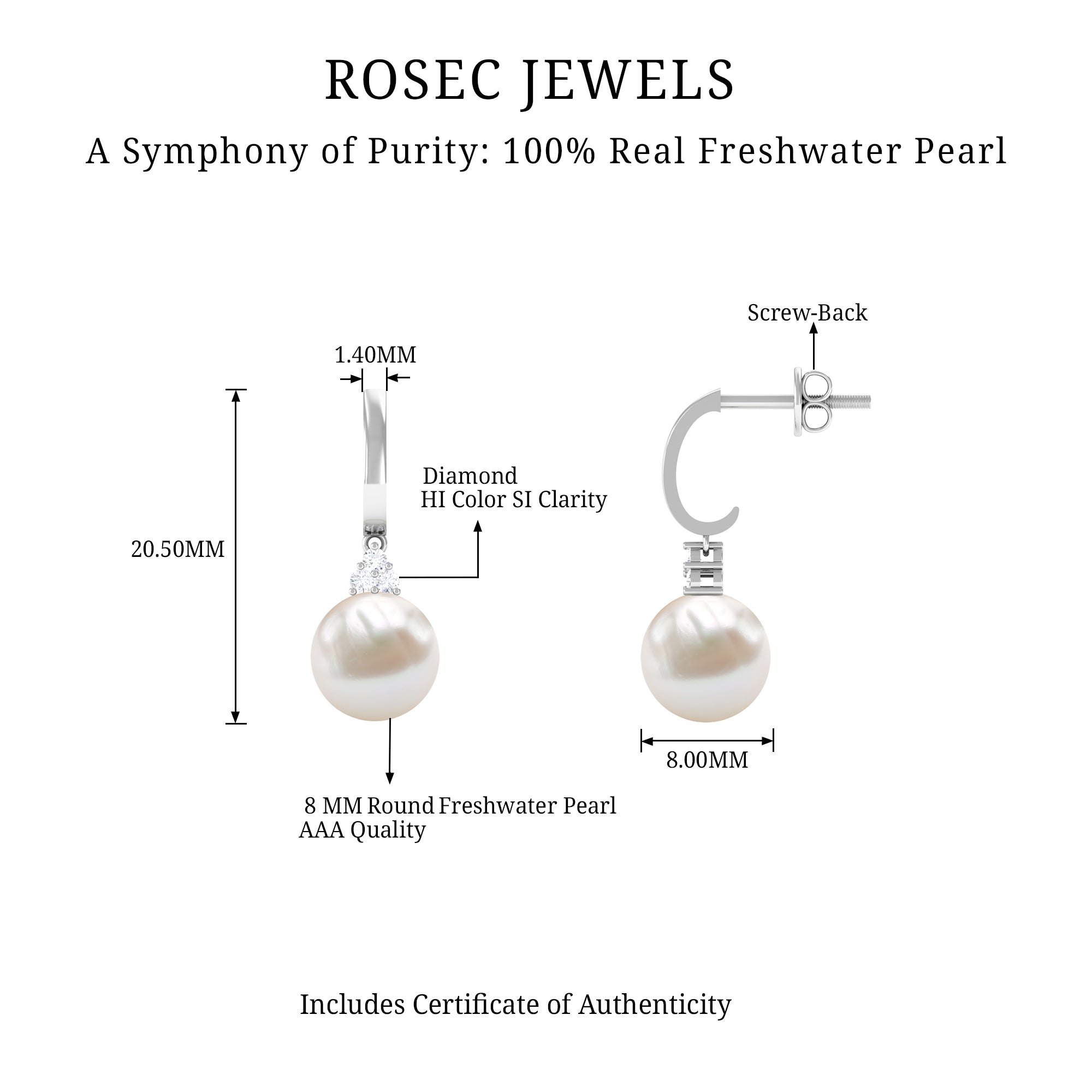 Round Freshwater Pearl and Diamond Hoop Drop Earrings AAA - Rosec Jewels