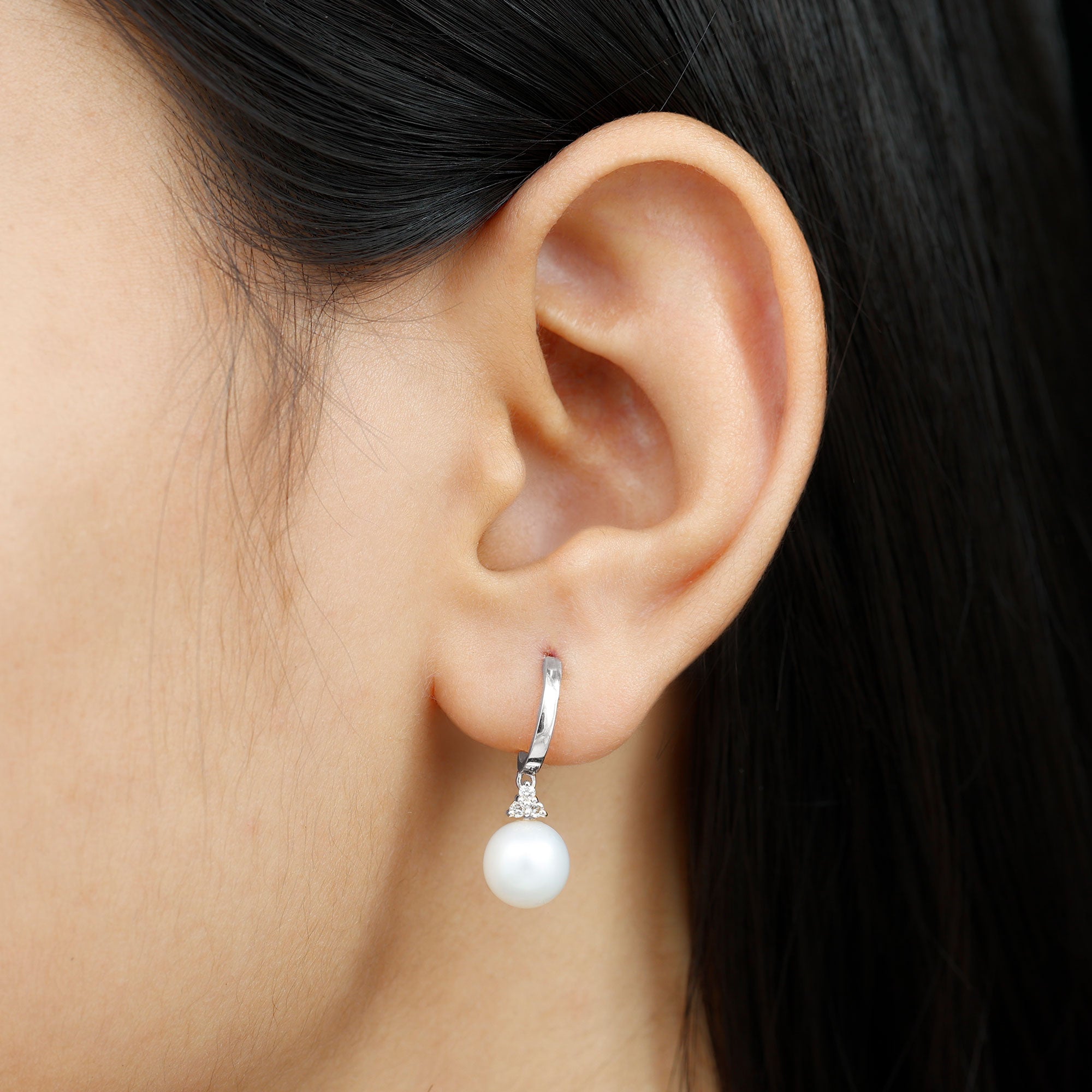 Round Freshwater Pearl and Diamond Hoop Drop Earrings AAA - Rosec Jewels