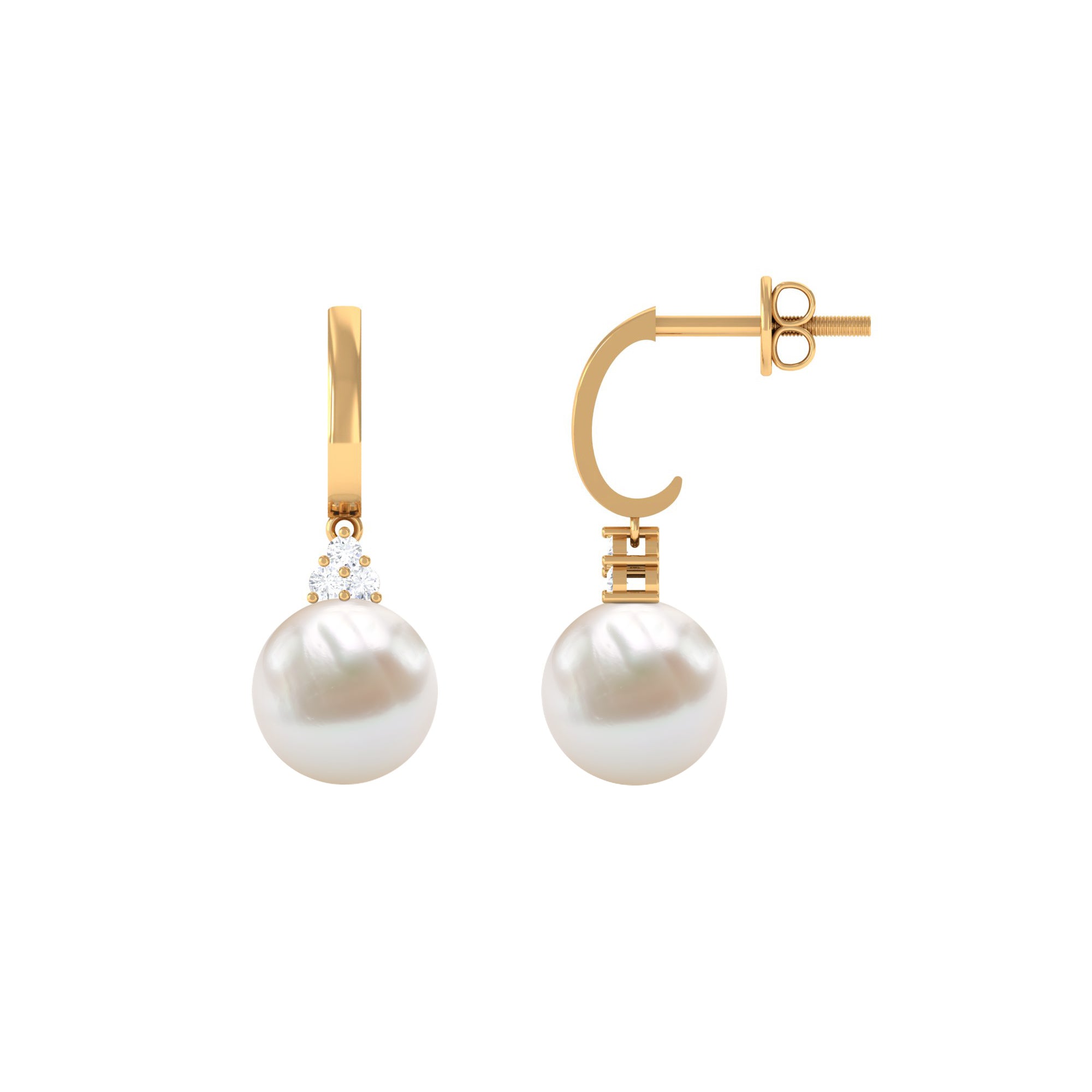Round Freshwater Pearl and Diamond Hoop Drop Earrings AAA - Rosec Jewels