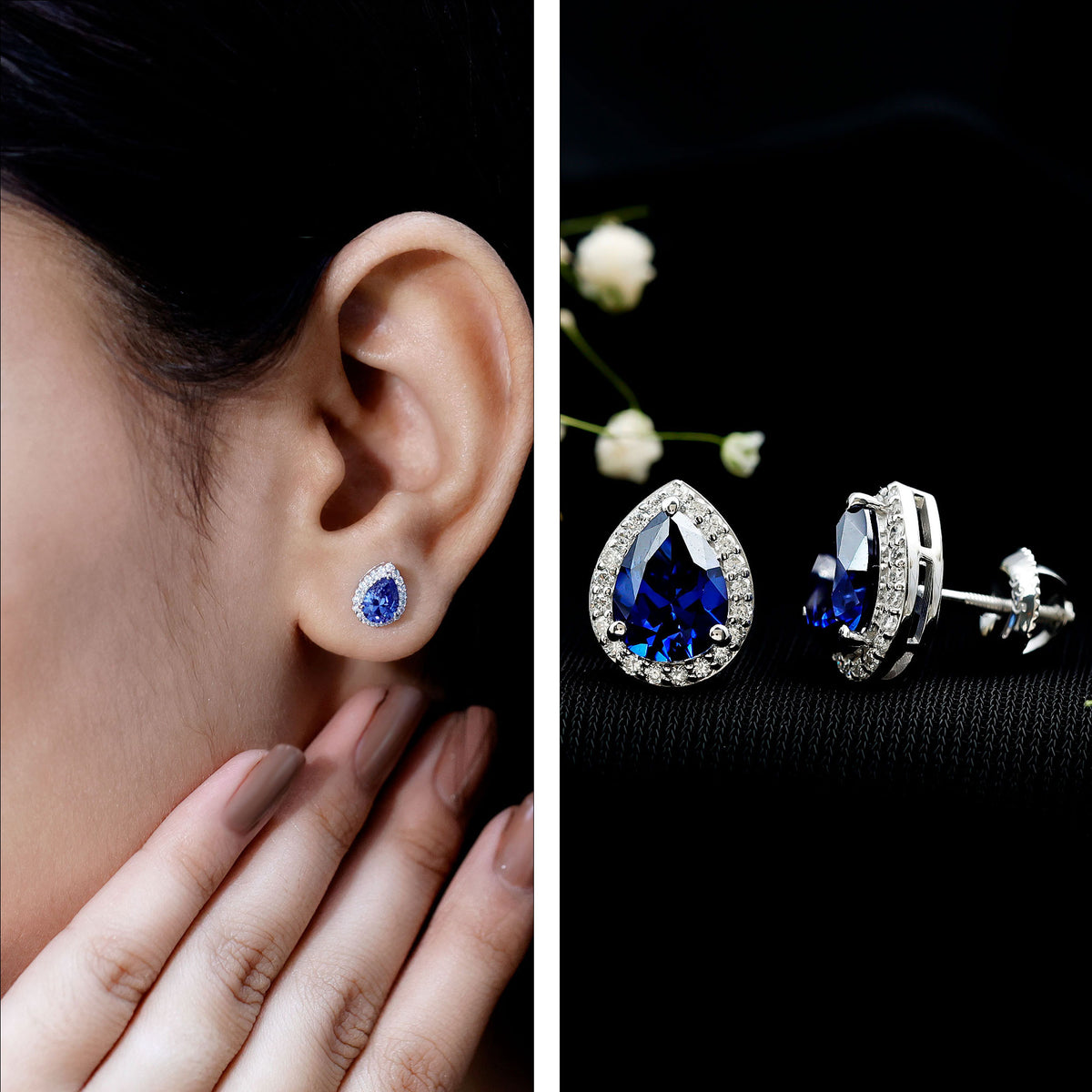 Lab Grown Blue Sapphire Teardrop Stud Earrings With Diamond Halo AAAA - Rosec Jewels