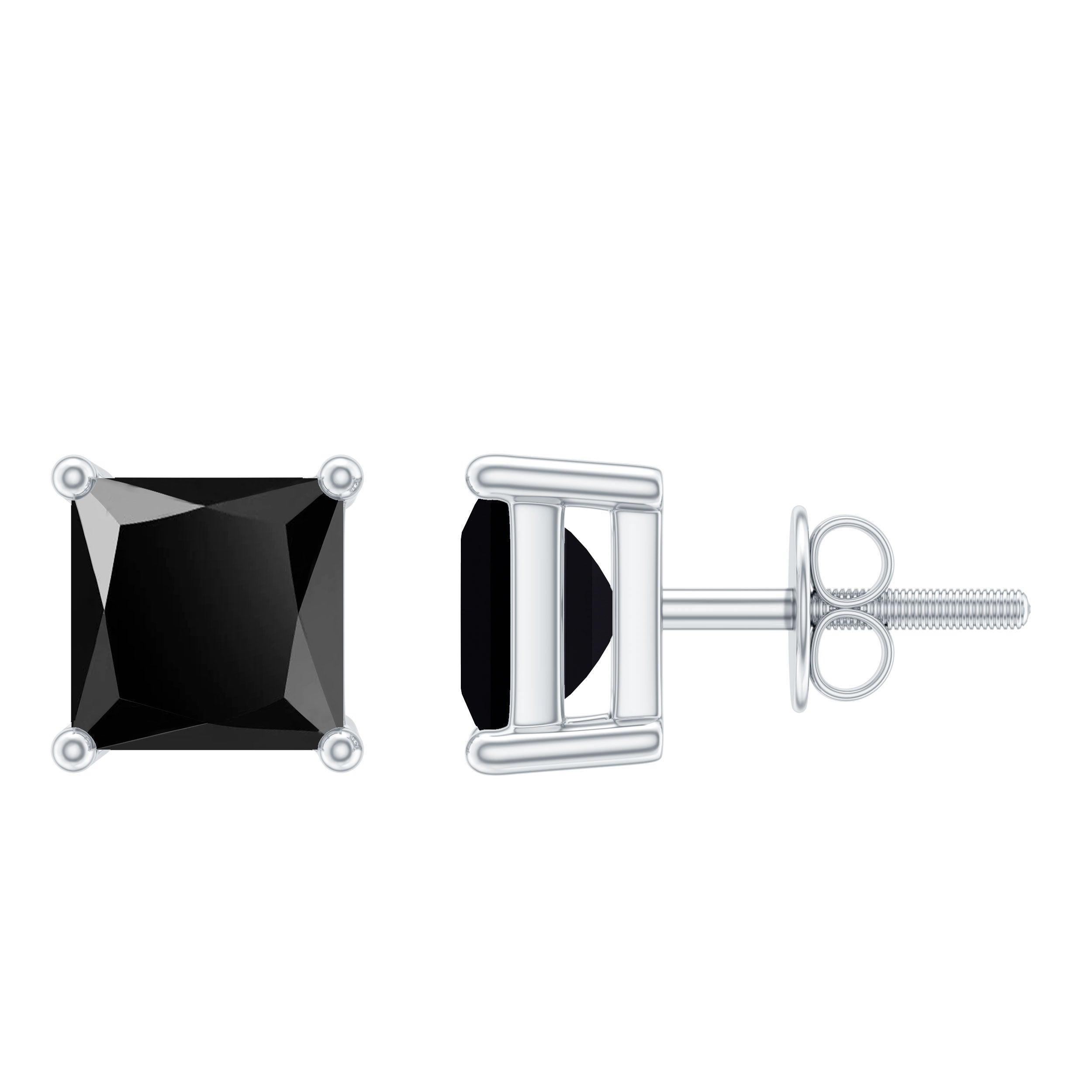 Natural Black Onyx Princess Cut Earrings with Screw Back AAA - Rosec Jewels