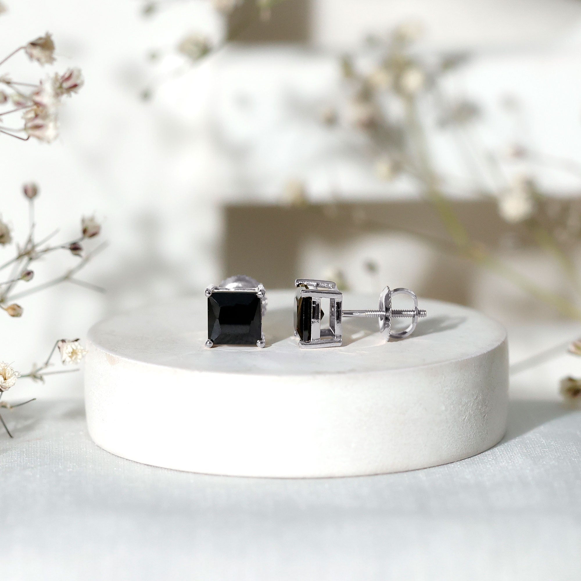 Natural Black Onyx Princess Cut Earrings with Screw Back AAA - Rosec Jewels